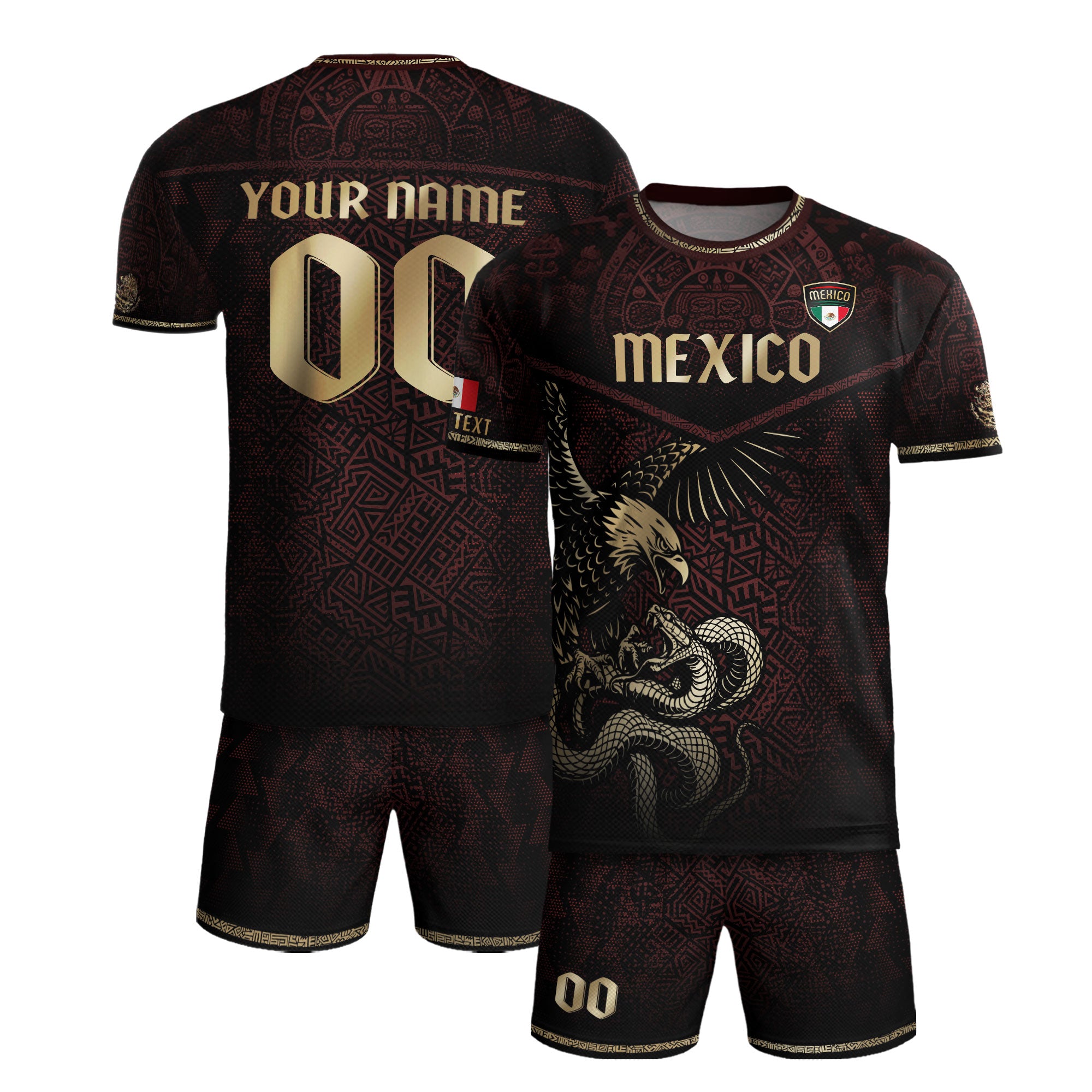 Custom Mexico Soccer Jersey Burgundy Gold Aztec Eagle Serpent Design