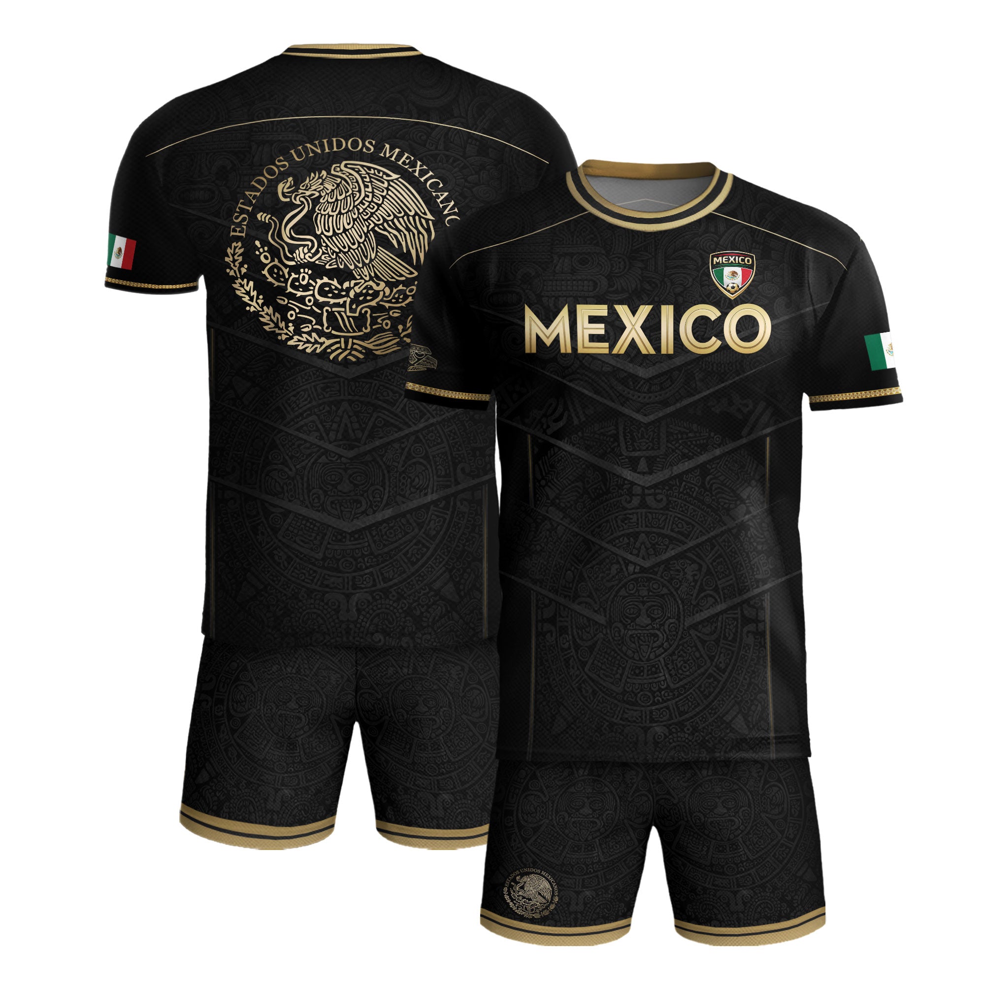 Camiseta de fútbol premium con emblema de águila azteca verde y dorado de México