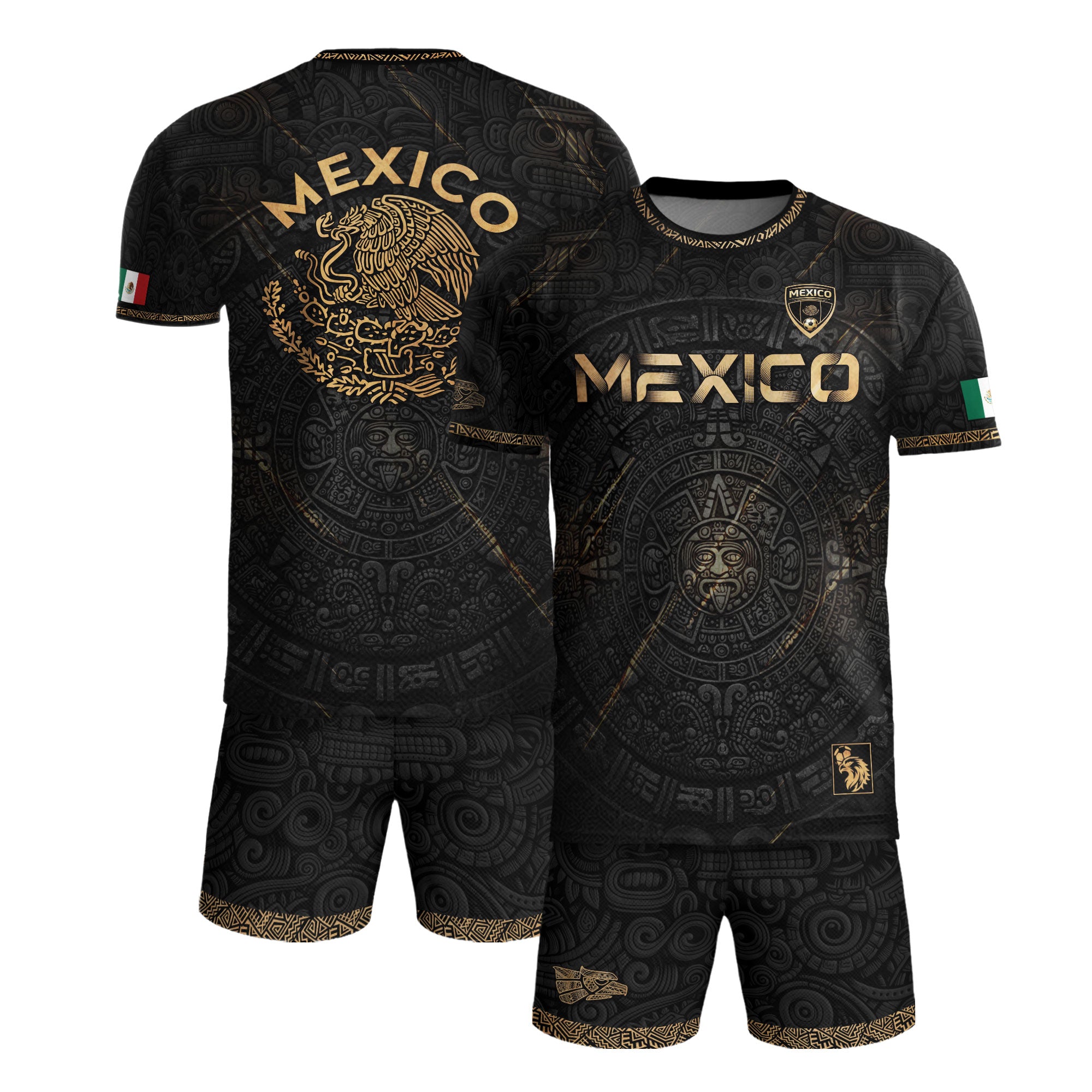 Mexico Black Gold Aztec Calendar Eagle Heritage National Football Soccer Jersey