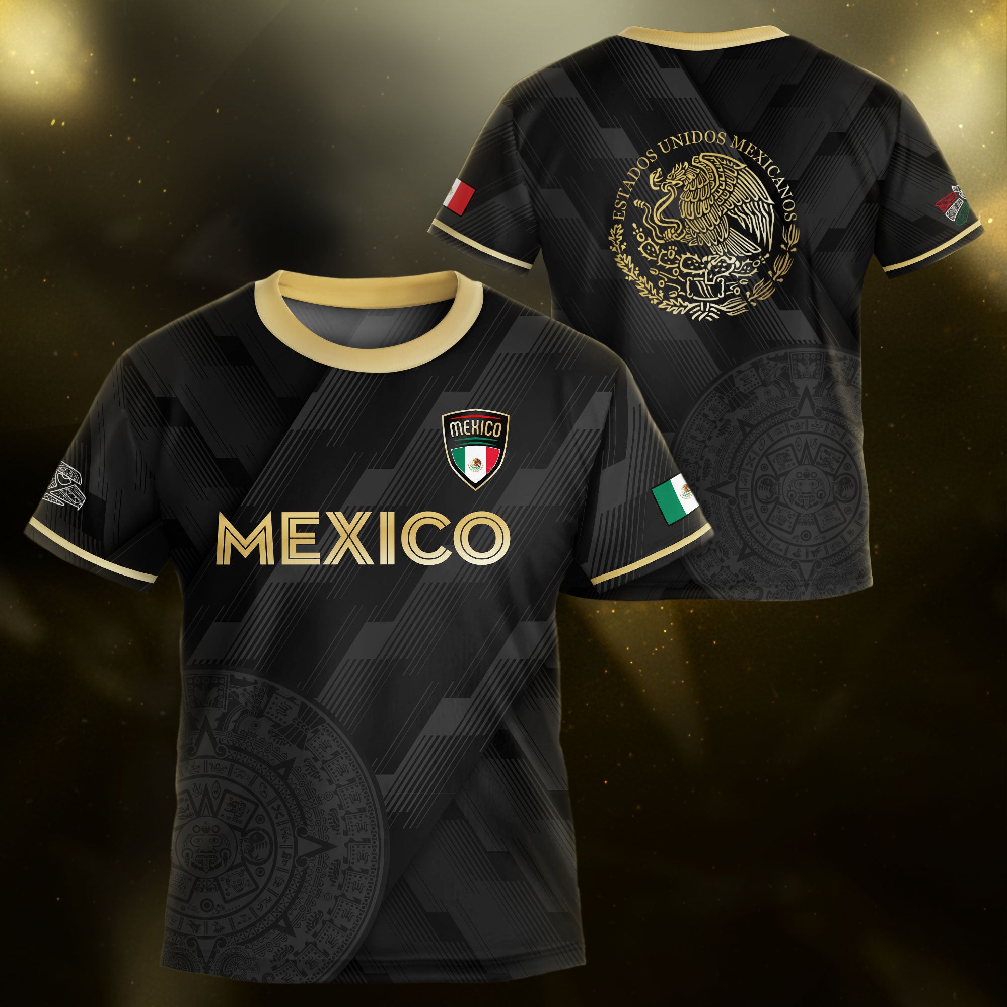 Mexico Kids Soccer Jersey Black Gold Aztec Calendar Crest Design