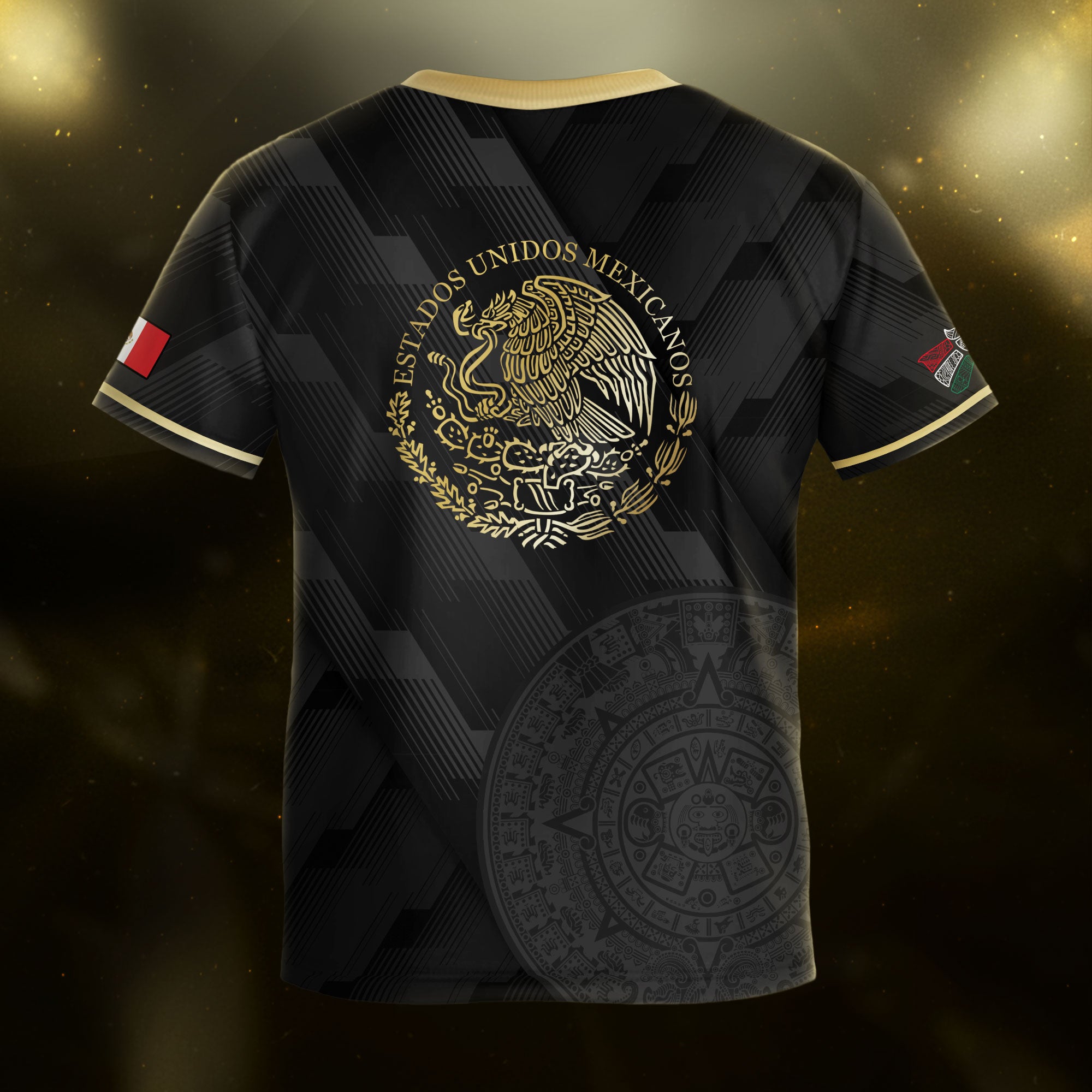 Mexico Kids Soccer Jersey Black Gold Aztec Calendar Crest Design