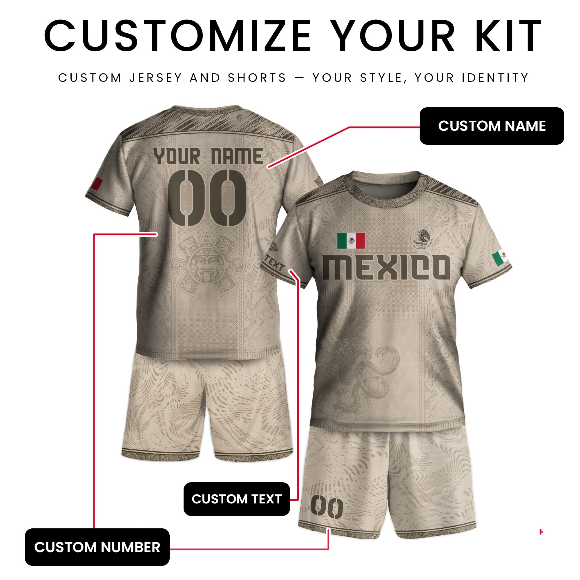 Custom Kids Mexico Soccer Jersey Beige Aztec Eagle Design