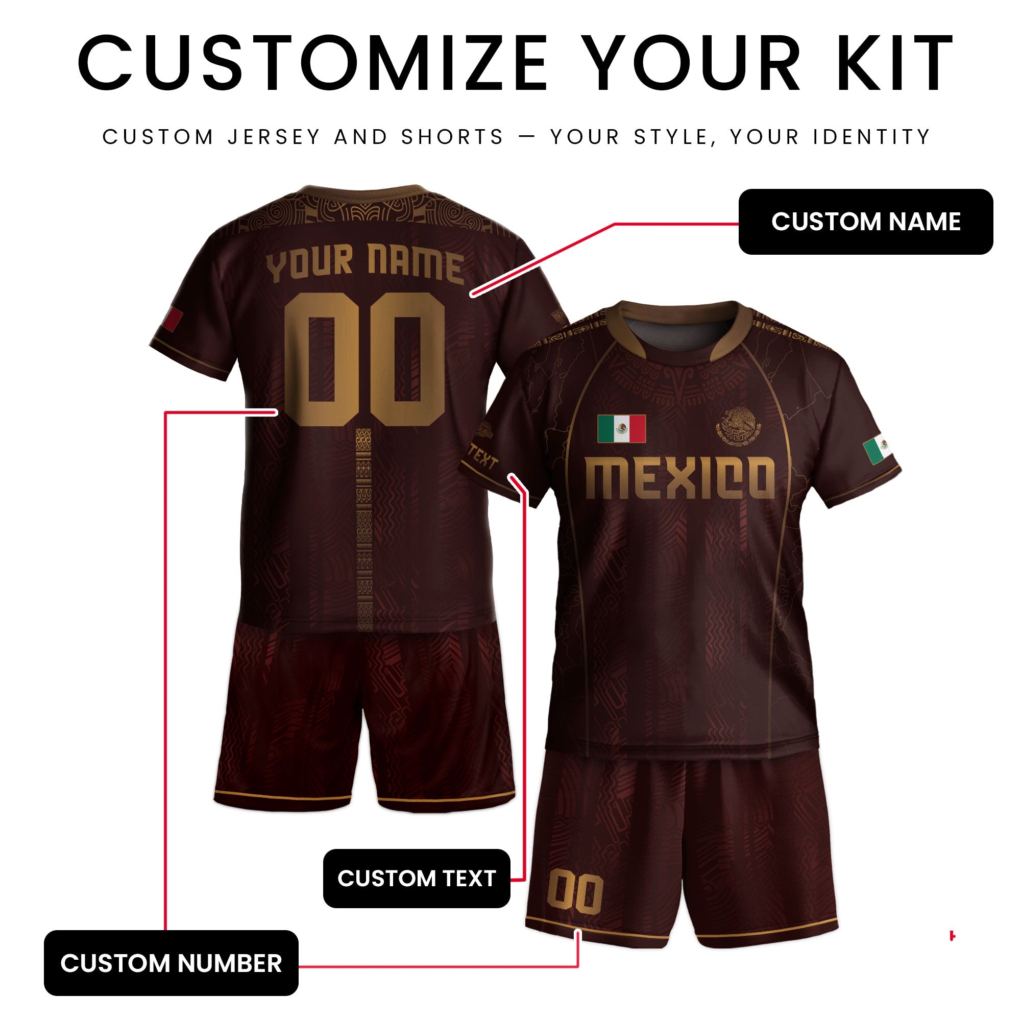 Custom Kids Mexico Soccer Jersey Maroon Aztec Heritage Design