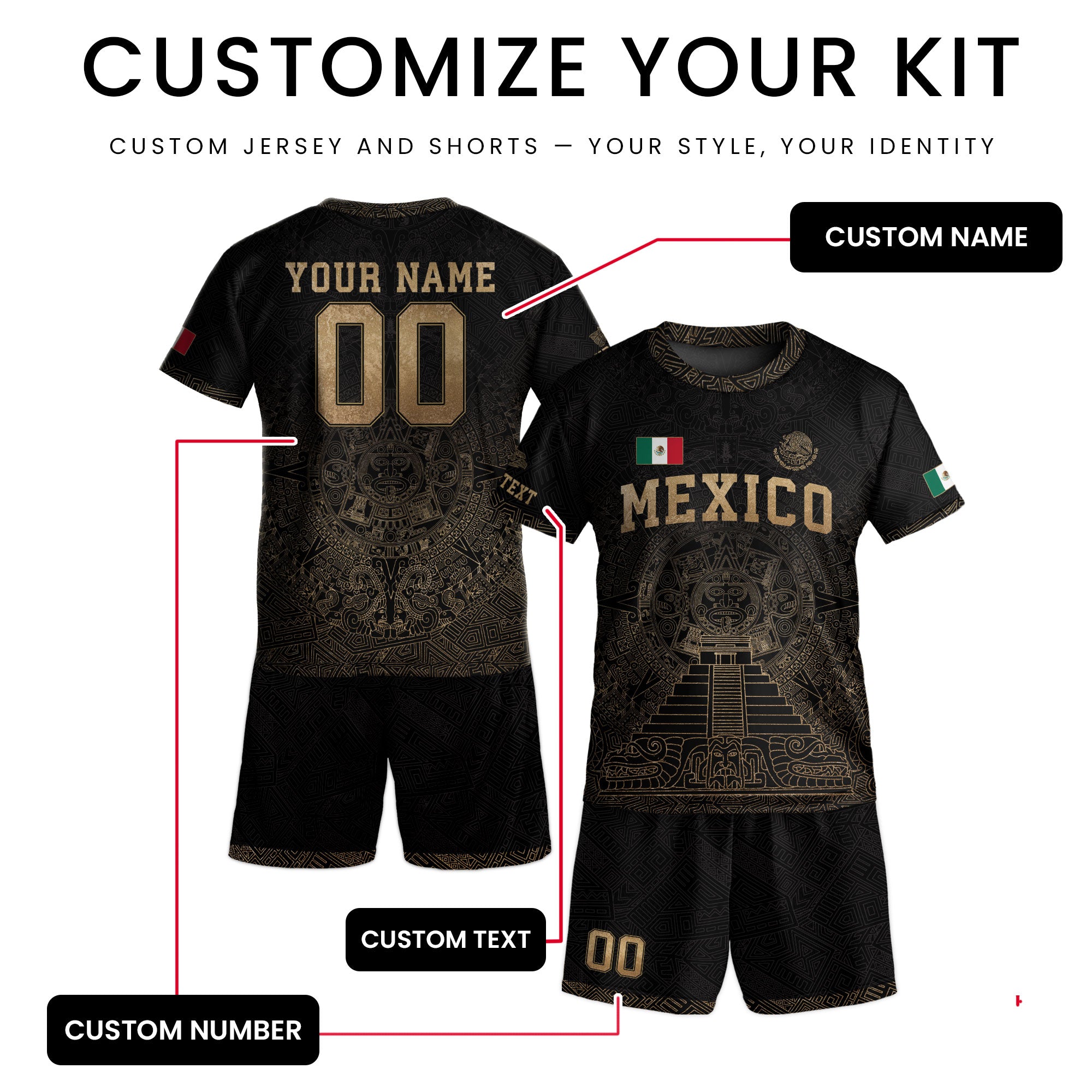 Custom Kids Mexico Soccer Jersey Black Gold Aztec Temple Design