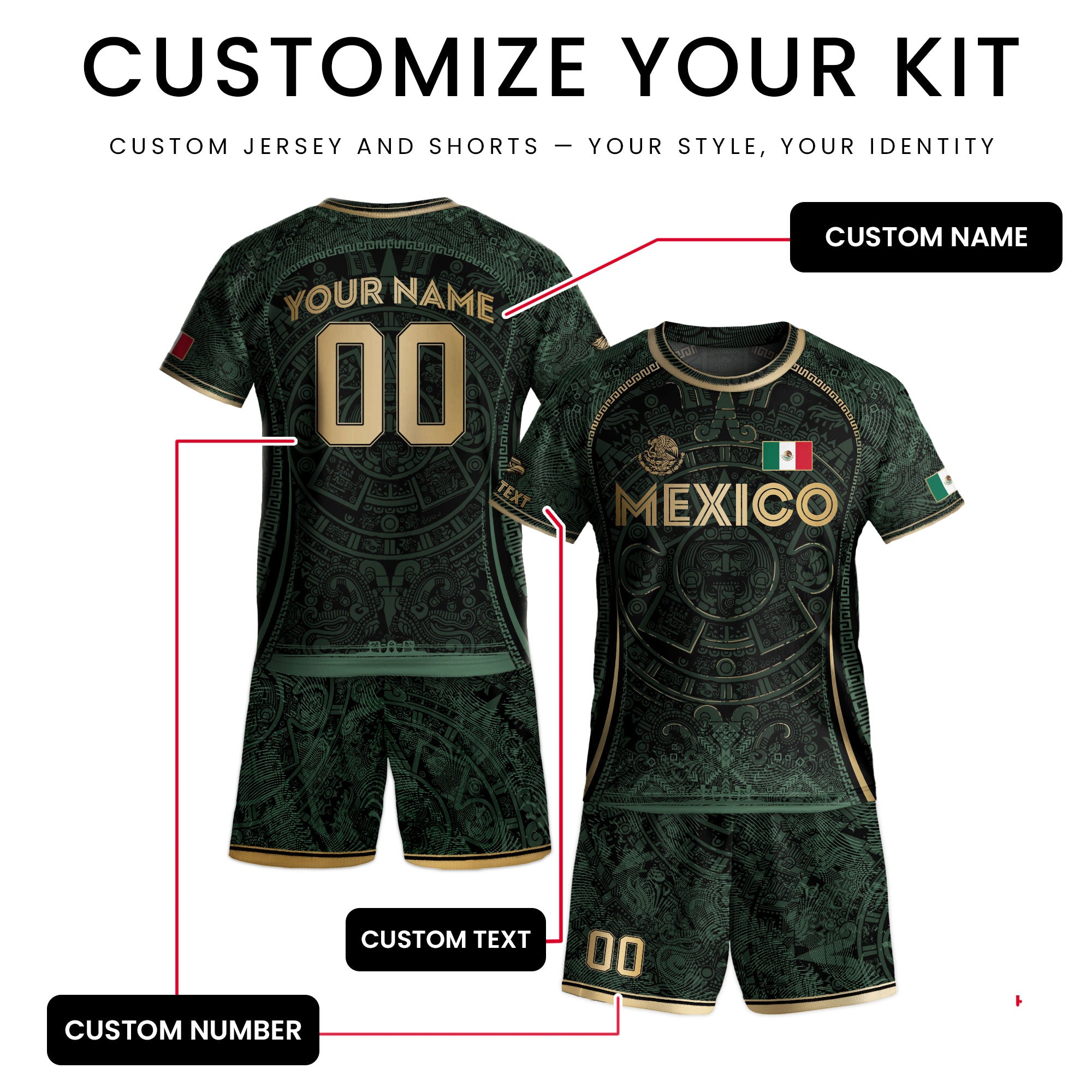Custom Kids Mexico Soccer Jersey Dark Green Gold Aztec Calendar Design
