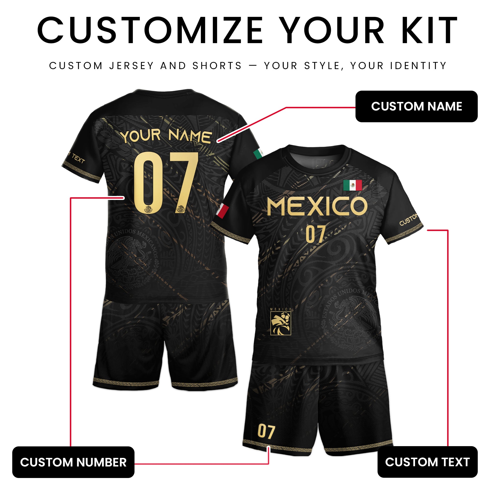 Custom Kids Mexico Soccer Jersey Black Gold Heritage Pattern Design