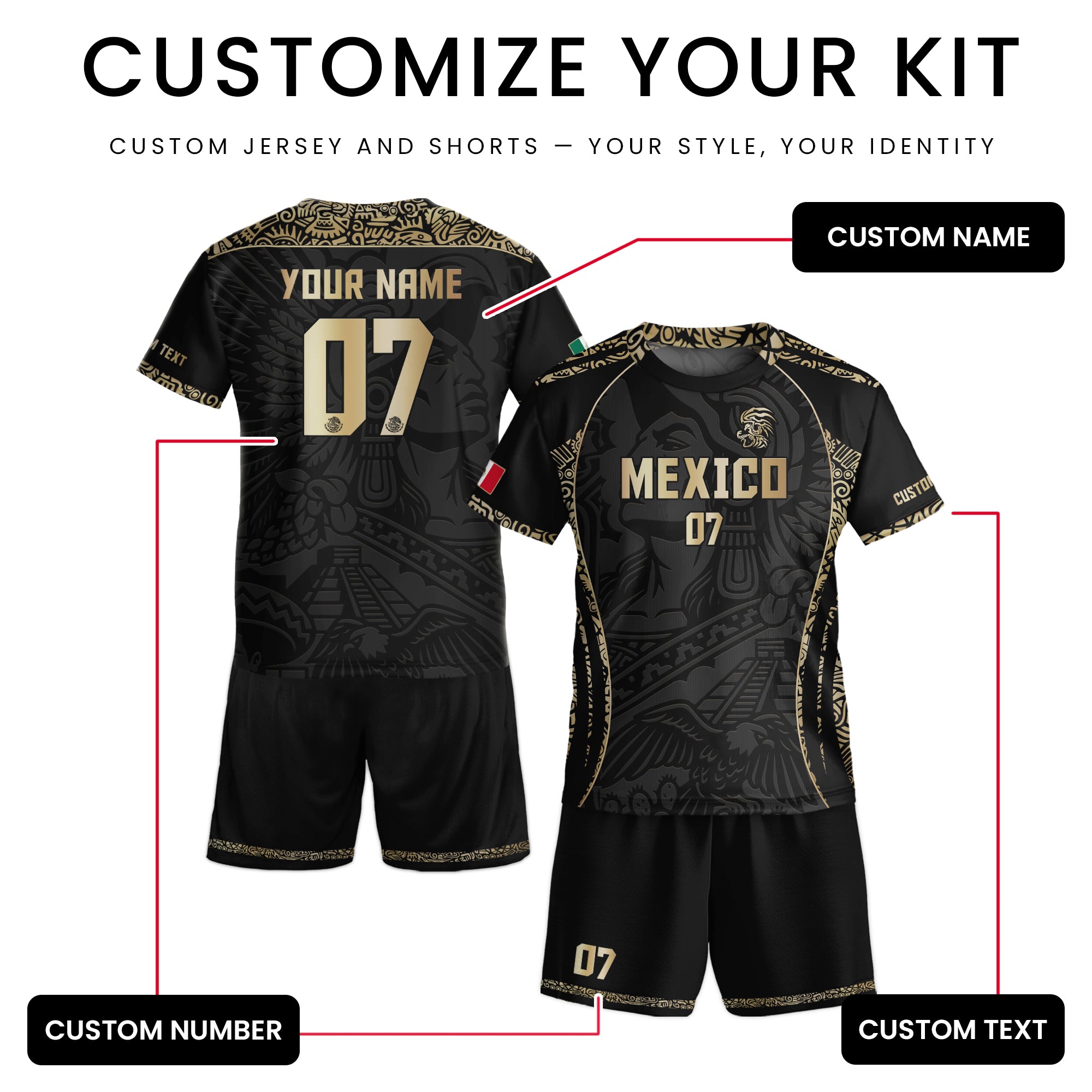 Custom Kids Mexico Soccer Jersey Black Gold Aztec Eagle Design