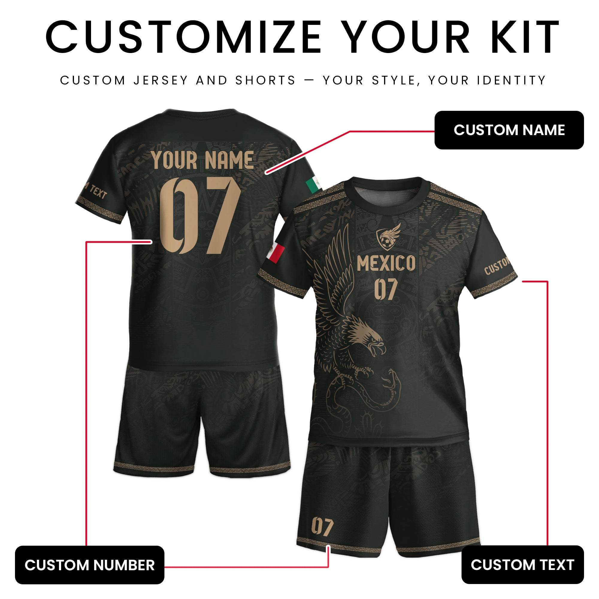 Custom Kid Mexico Black Aztec Eagle Heritage Soccer Jersey