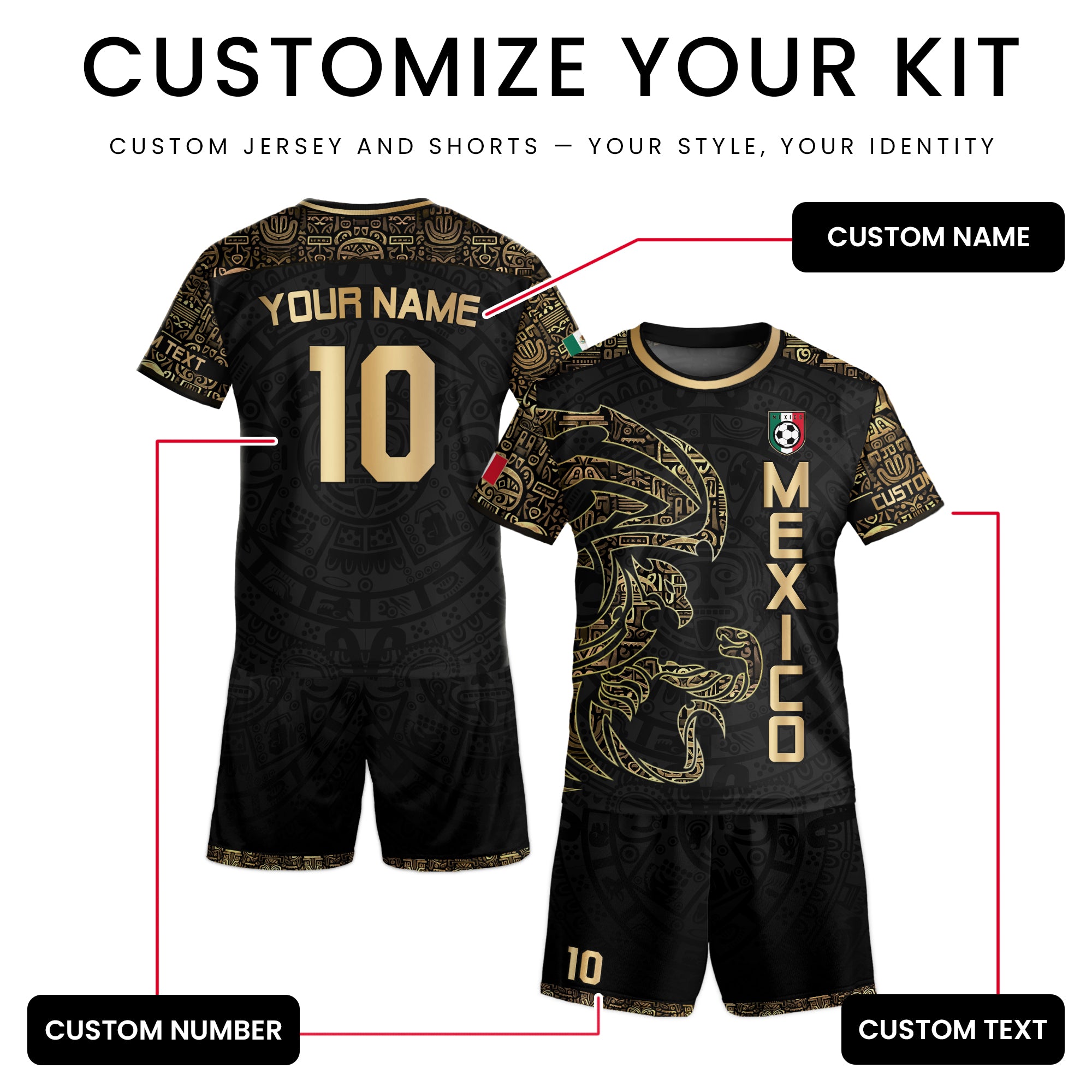 Custom Kid Mexico Black Gold Aztec Eagle Heritage Soccer Jersey