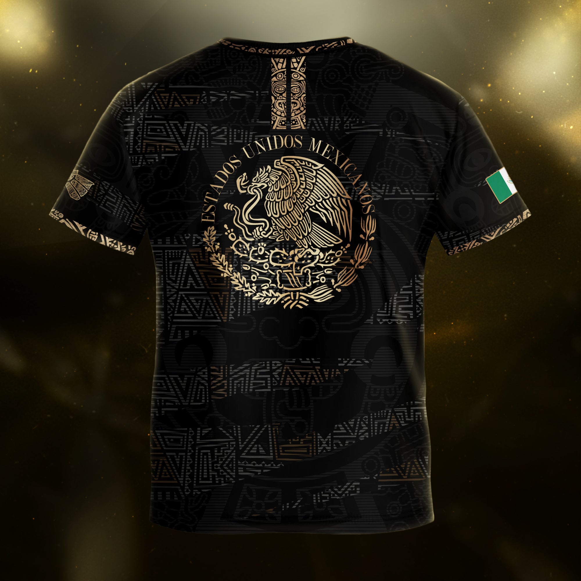 Mexico Kids Soccer Jersey Black Gold Aztec Pattern Crest Design