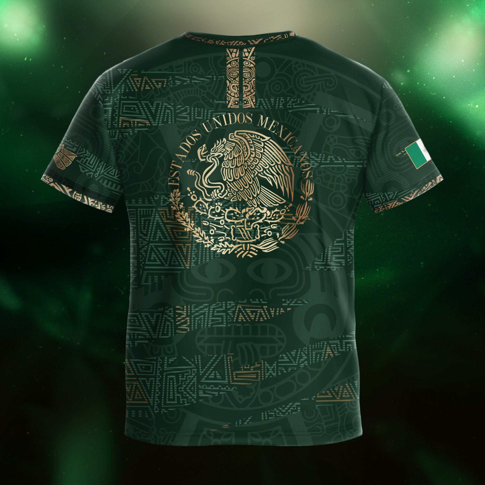 Mexico Kids Soccer Jersey Green Gold Aztec Pattern Crest Design