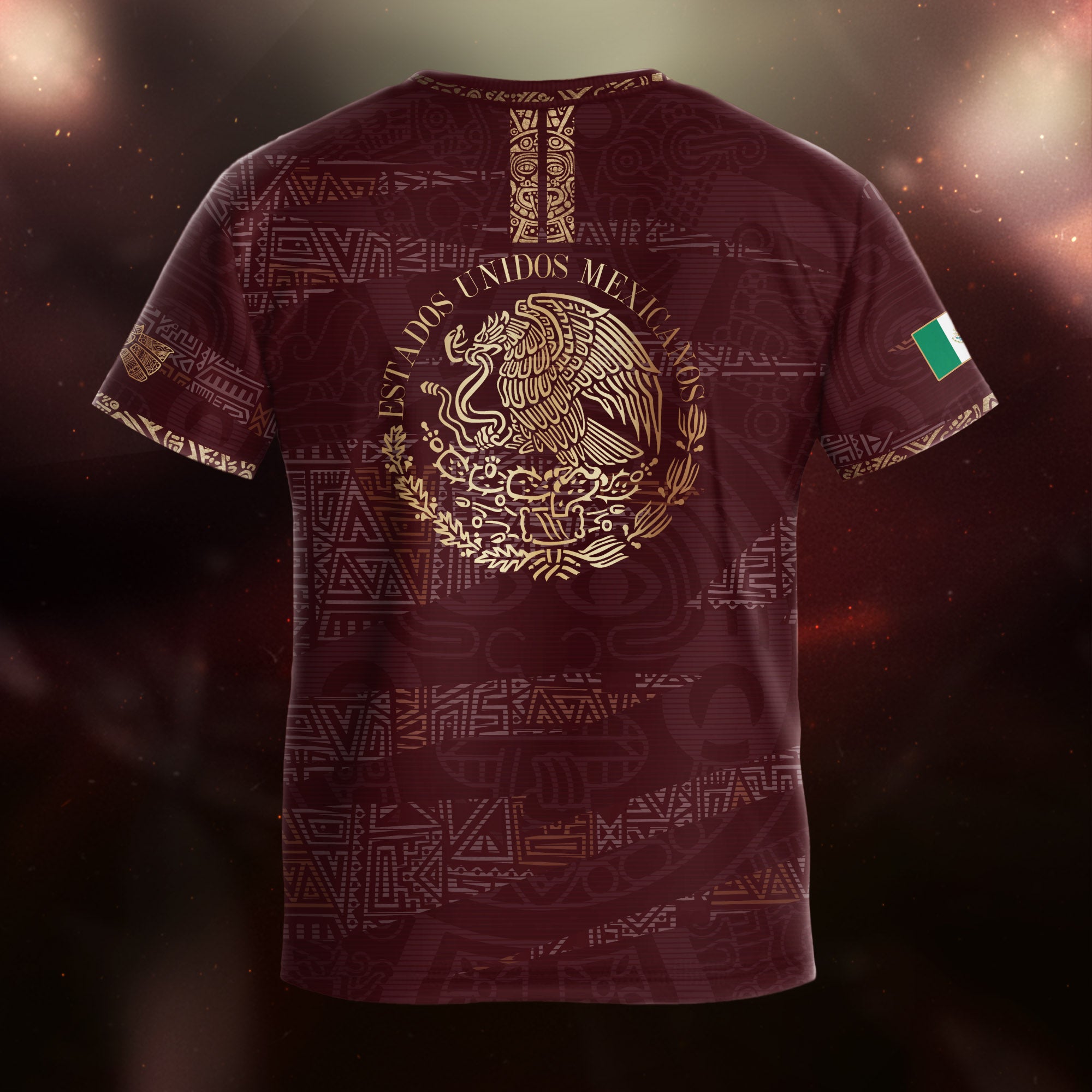 Mexico Kids Soccer Jersey Burgundy Gold Aztec Pattern Crest Design