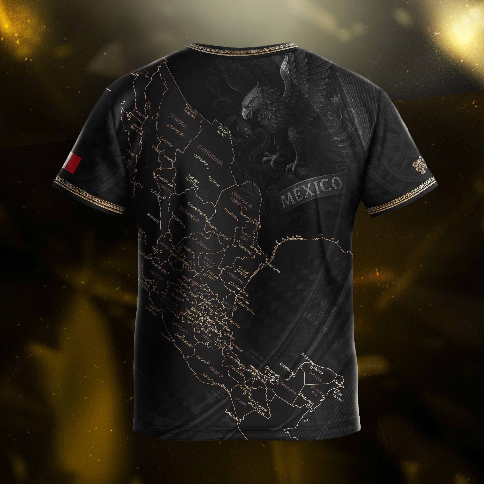 Mexico Kids Soccer Jersey Black Gold Map Aztec Pattern