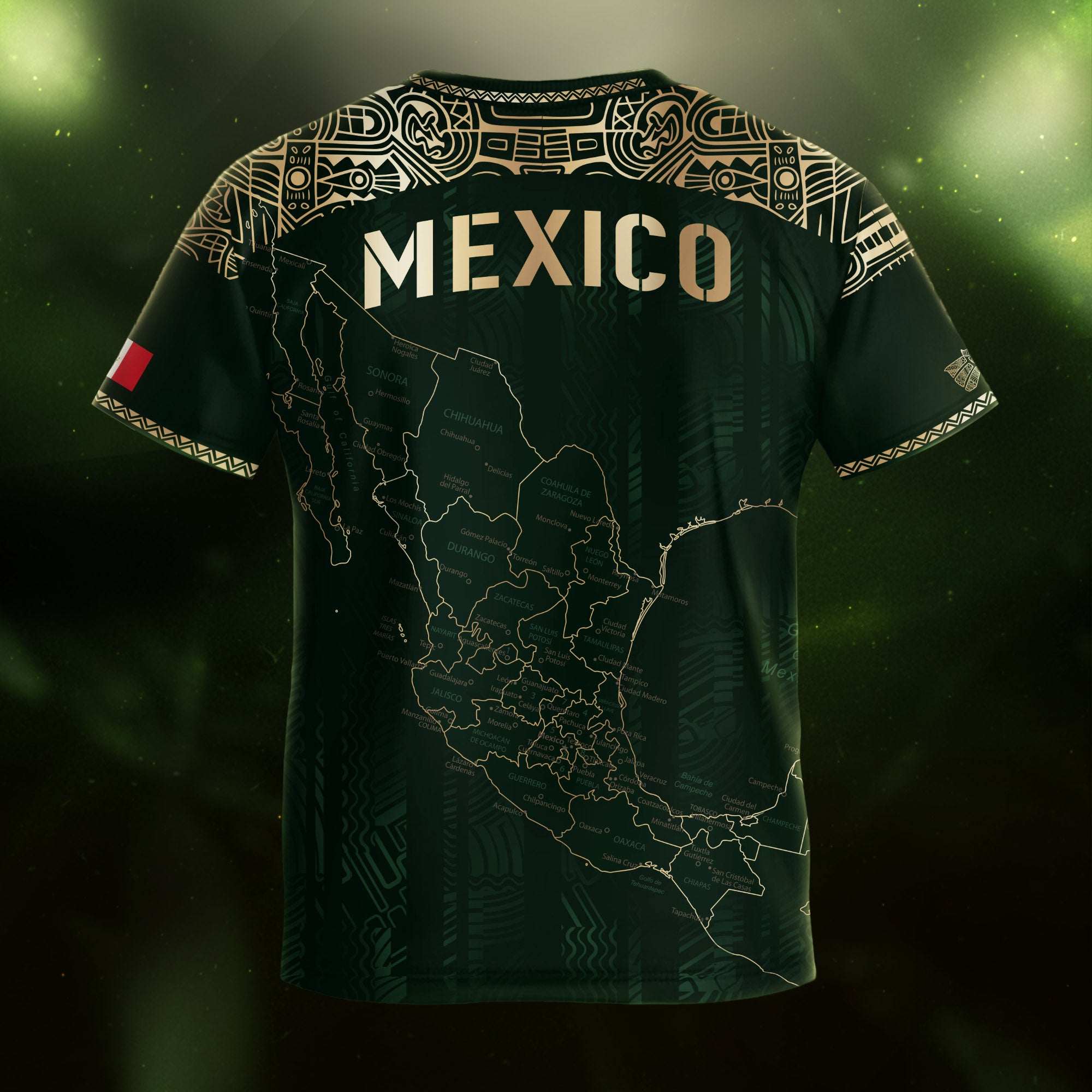 Mexico Kids Soccer Jersey Green Gold Map Aztec Design