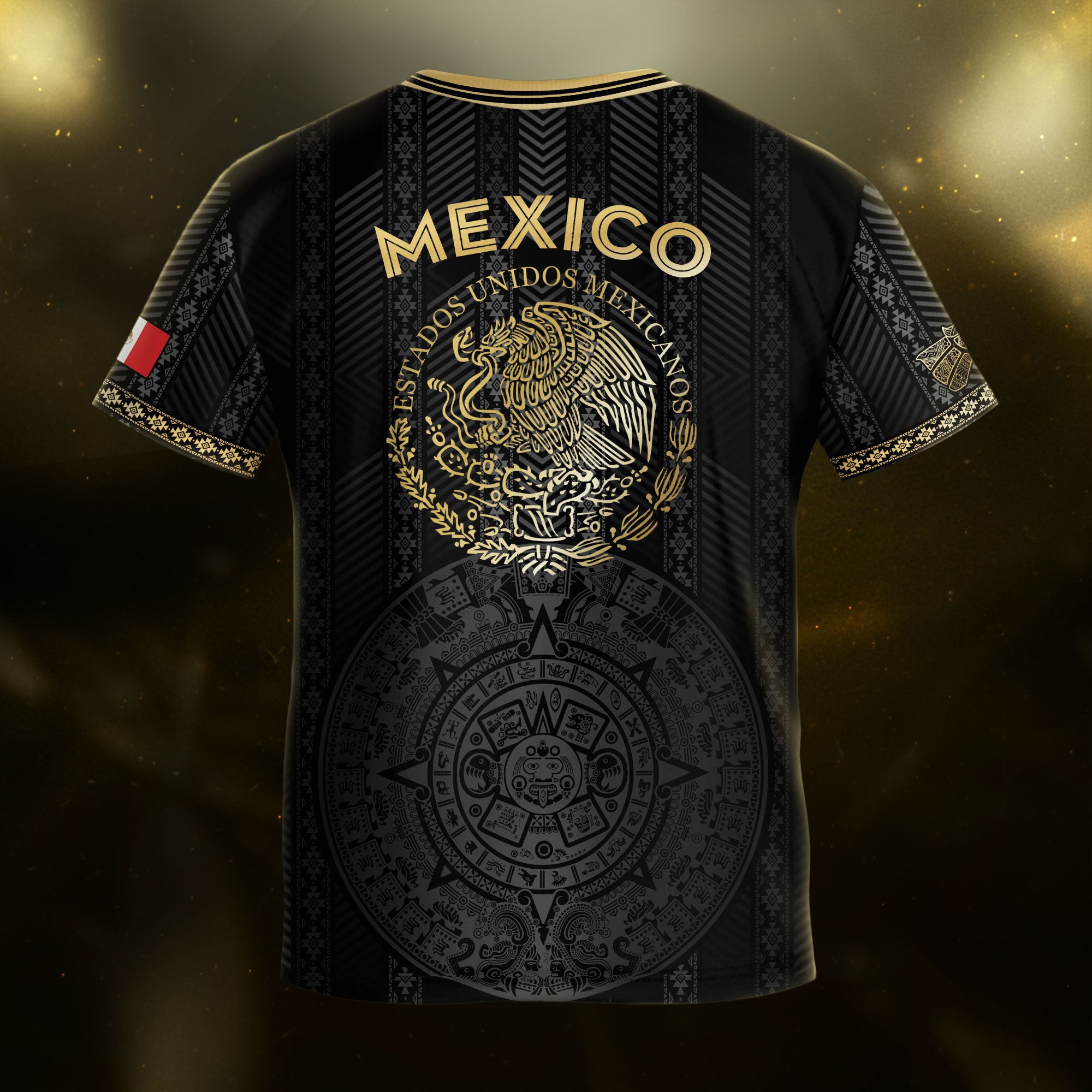 Mexico Kids Soccer Jersey Black Gold Aztec Calendar Design