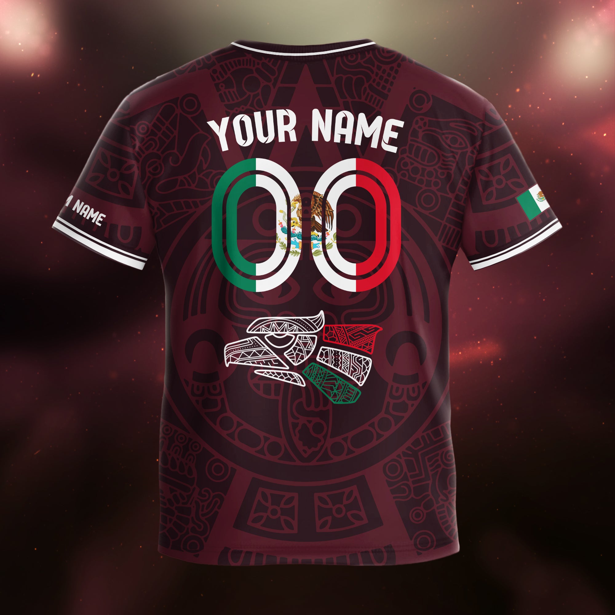Custom Mexico Kids Soccer Jersey Burgundy Heritage Flag Aztec Pattern Design