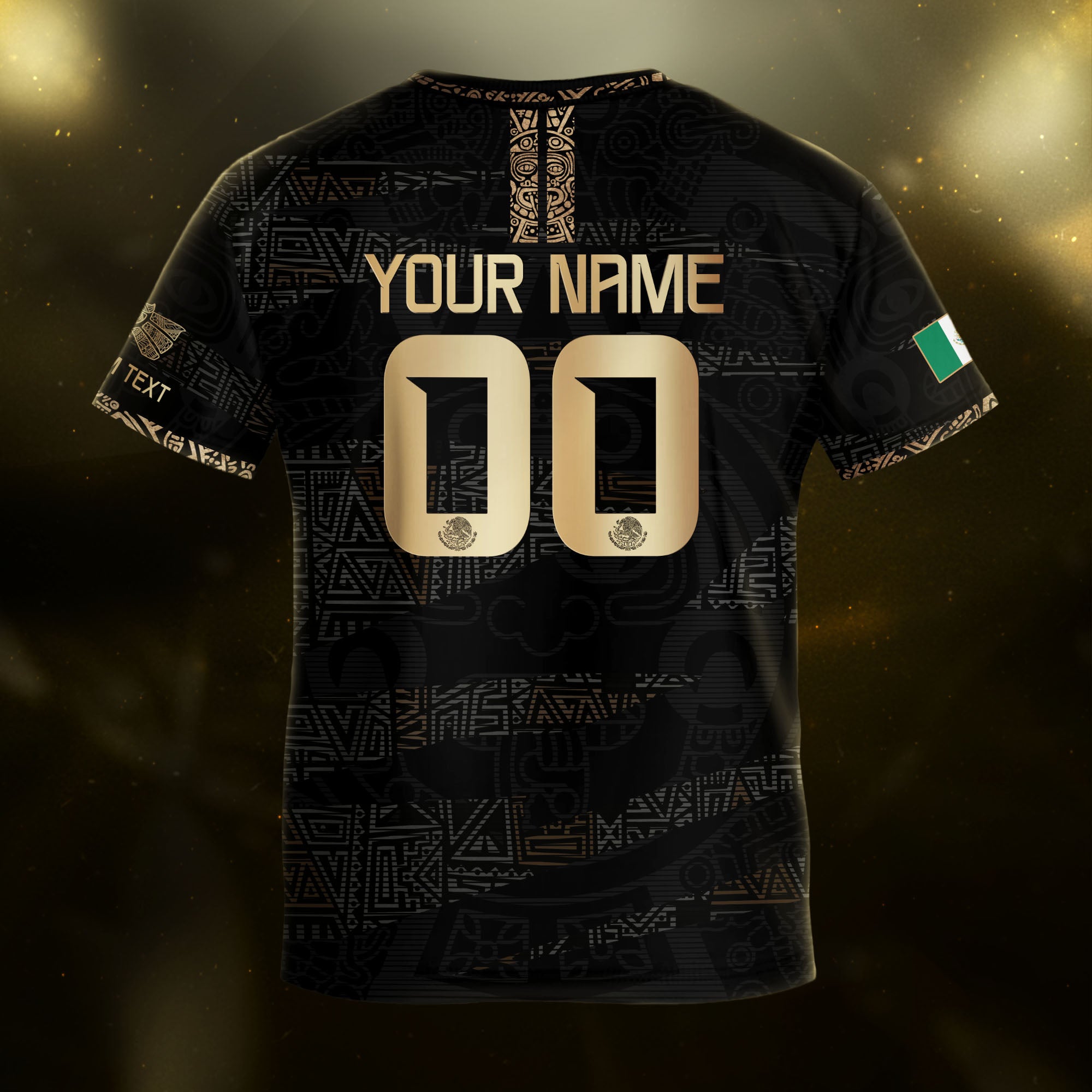 Custom Mexico Kids Soccer Jersey Black Gold Team Edition with Aztec Pattern