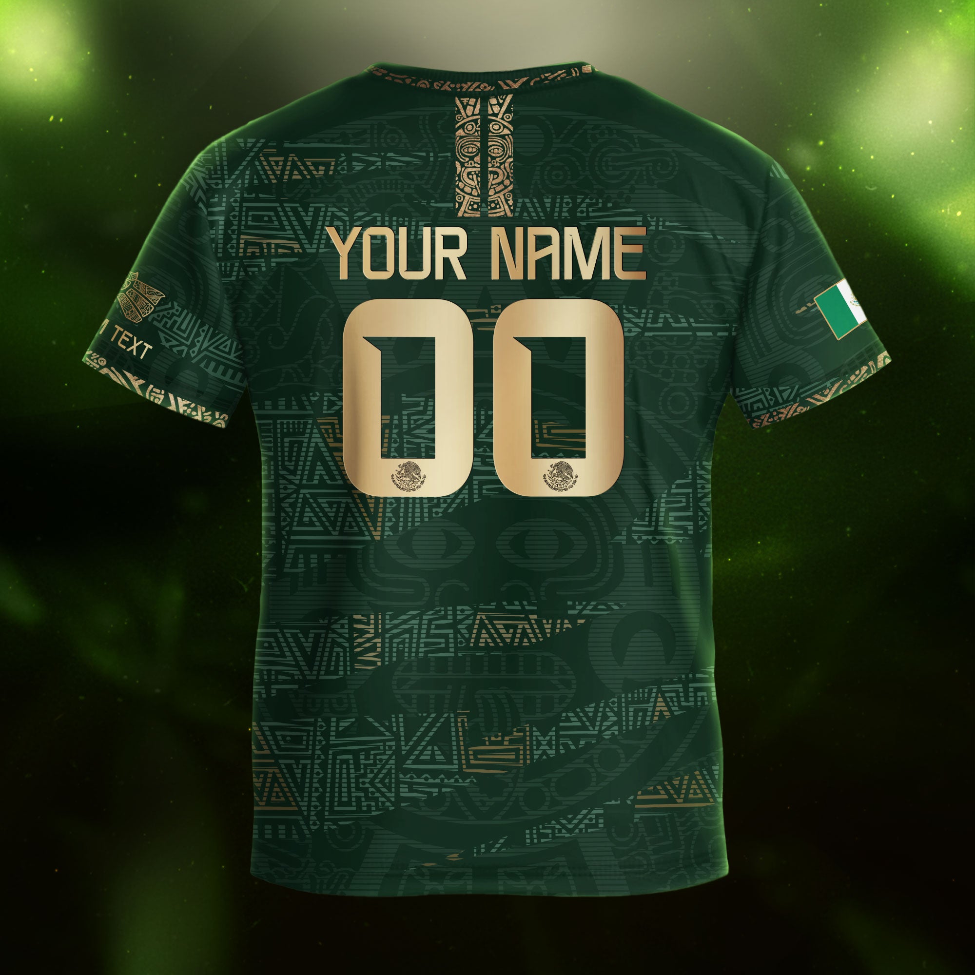 Custom Mexico Kids Soccer Jersey Green Gold Team Edition with Aztec Pattern Design