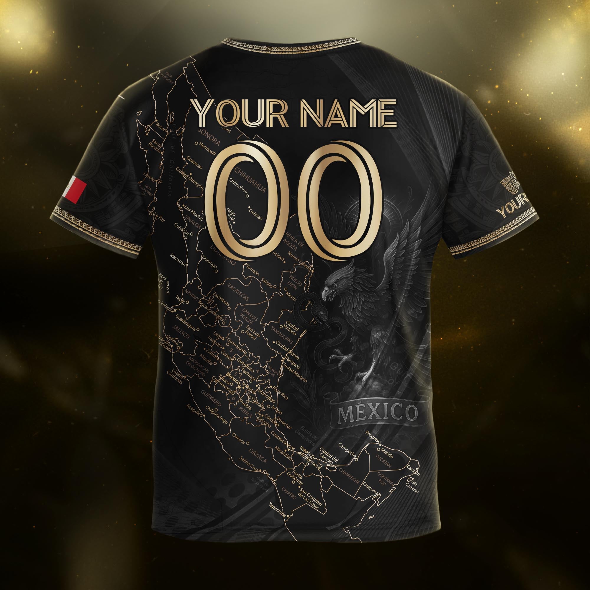 Custom Mexico Kids Soccer Jersey Black Gold Heritage Map Design