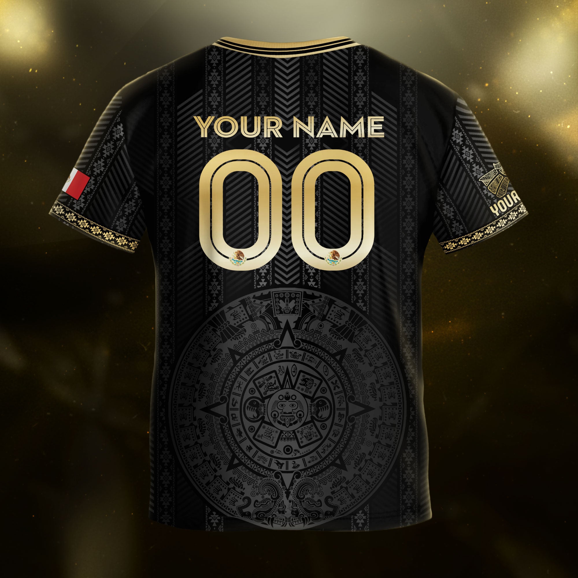 Custom Mexico Kids Soccer Jersey Black Gold Aztec Calendar Design
