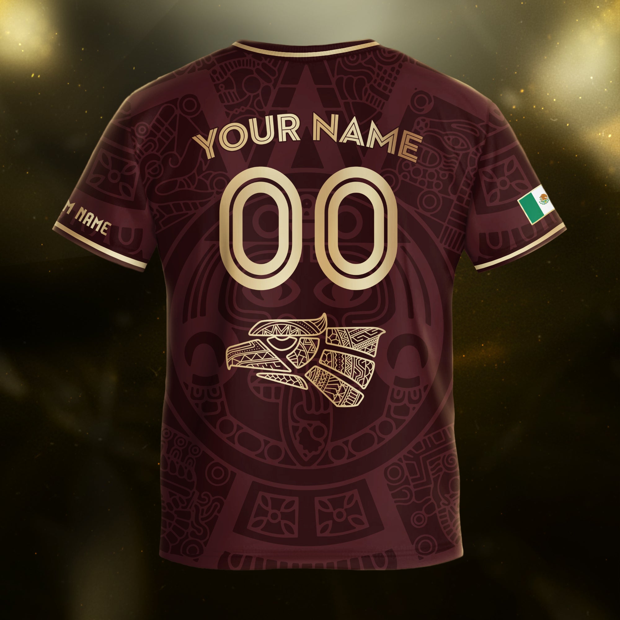 Custom Mexico Kids Soccer Jersey Burgundy Gold Aztec Calendar Heritage Design