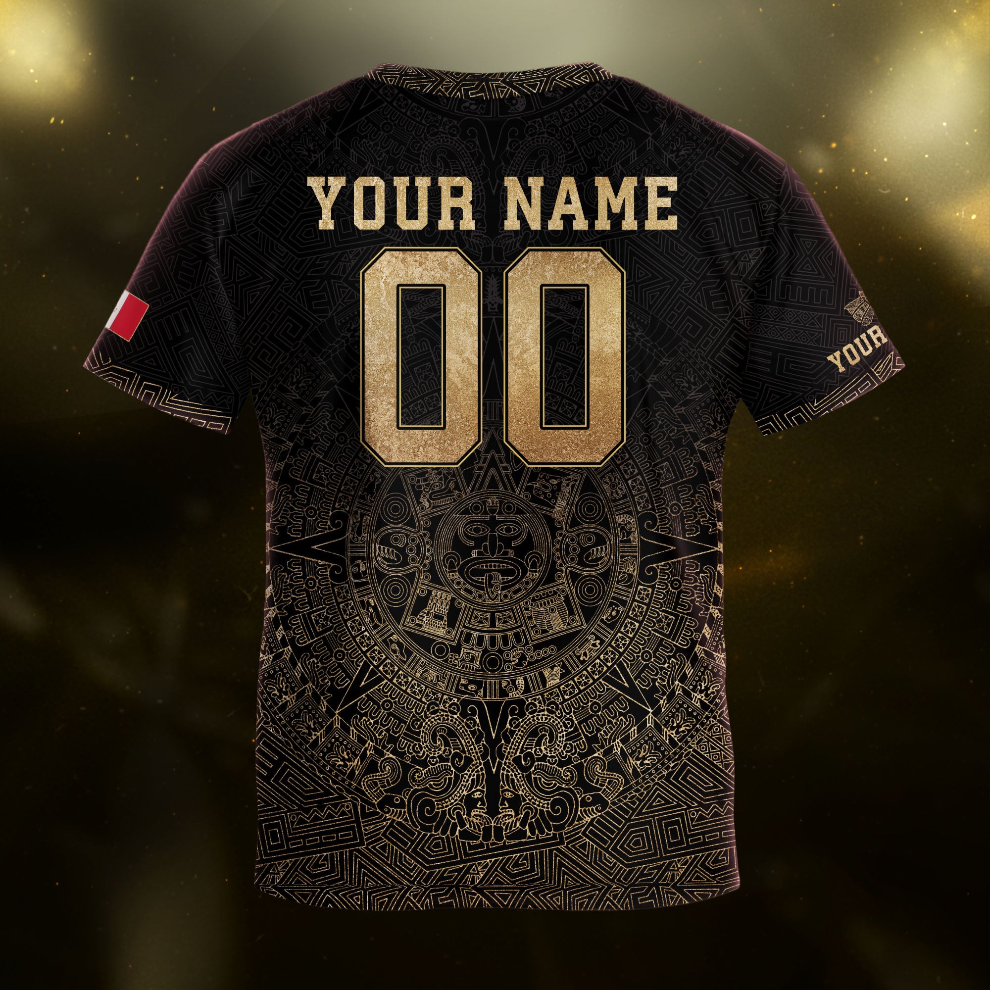 Custom Kids Mexico Soccer Jersey Black Gold Aztec Temple Design