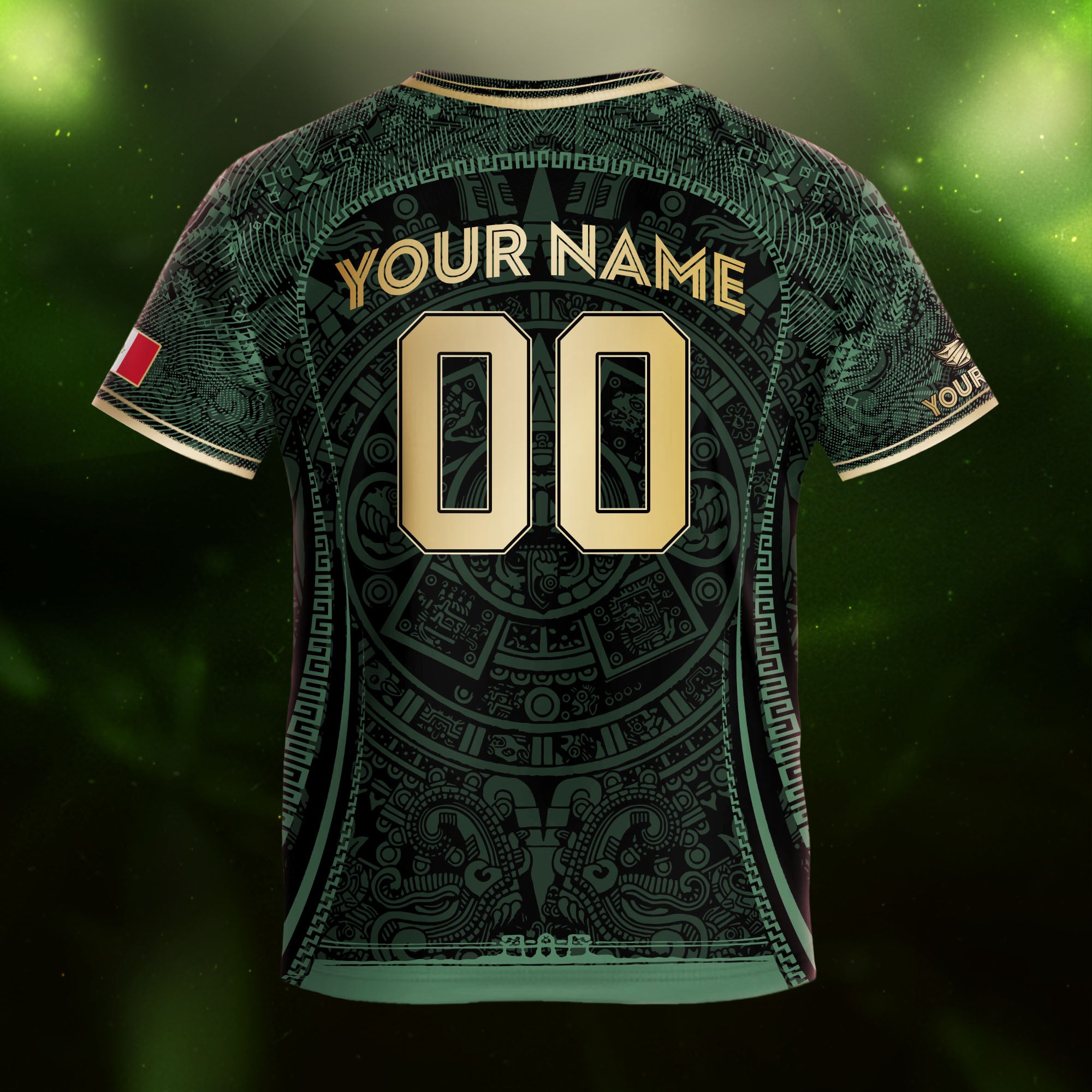 Custom Kids Mexico Soccer Jersey Dark Green Gold Aztec Calendar Design