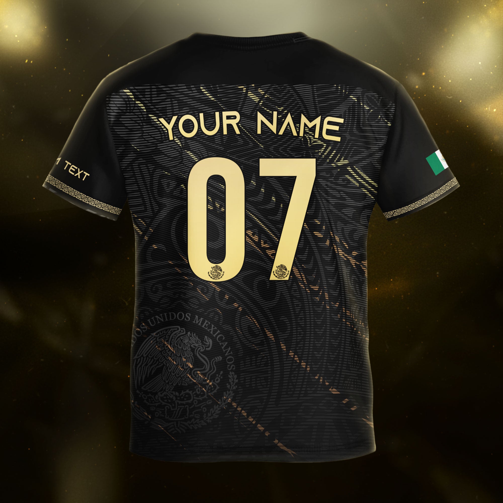 Custom Kids Mexico Soccer Jersey Black Gold Heritage Pattern Design