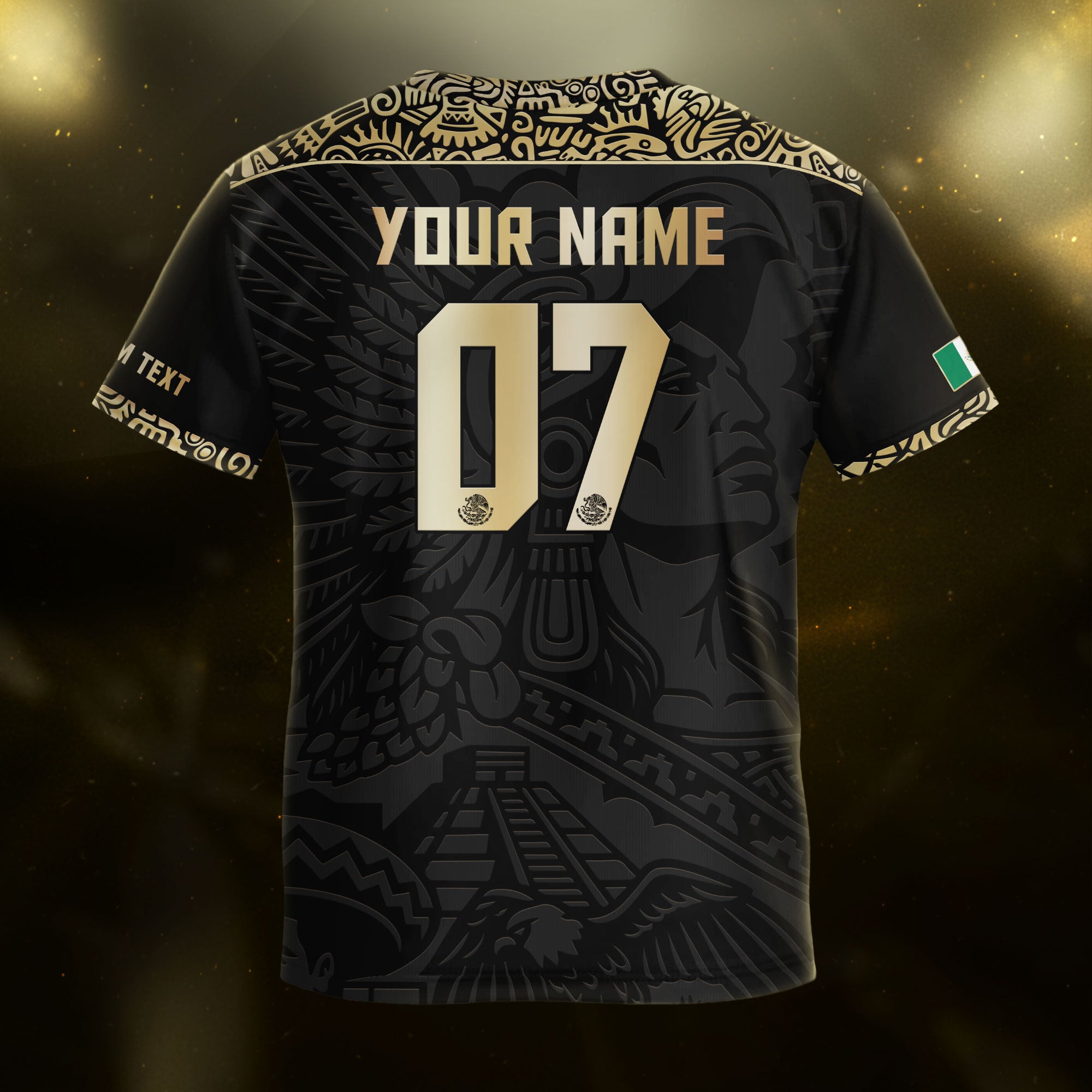 Custom Kids Mexico Soccer Jersey Black Gold Aztec Eagle Design
