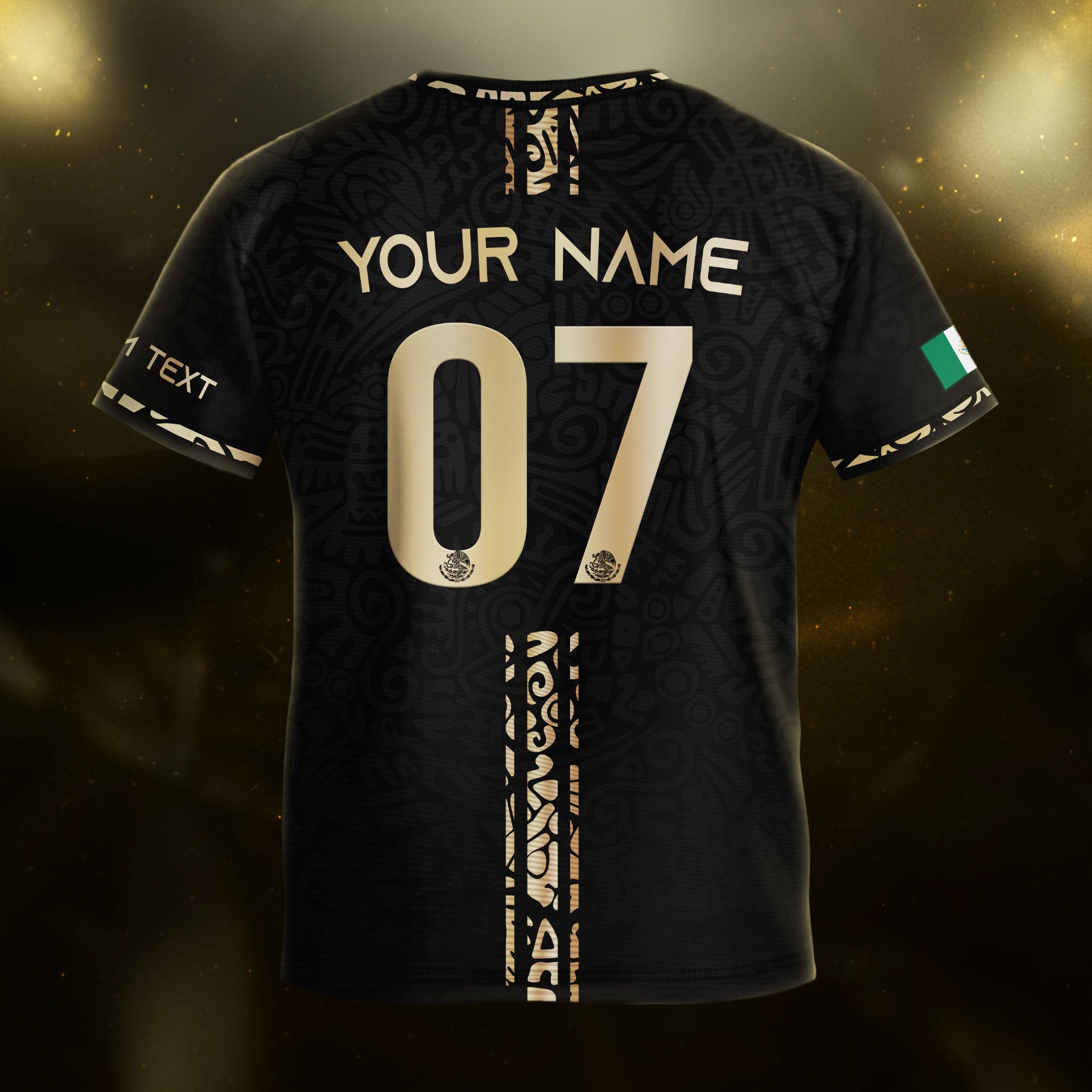 Custom Kid Mexico Aztec Warrior Heritage Black Gold Soccer Jersey
