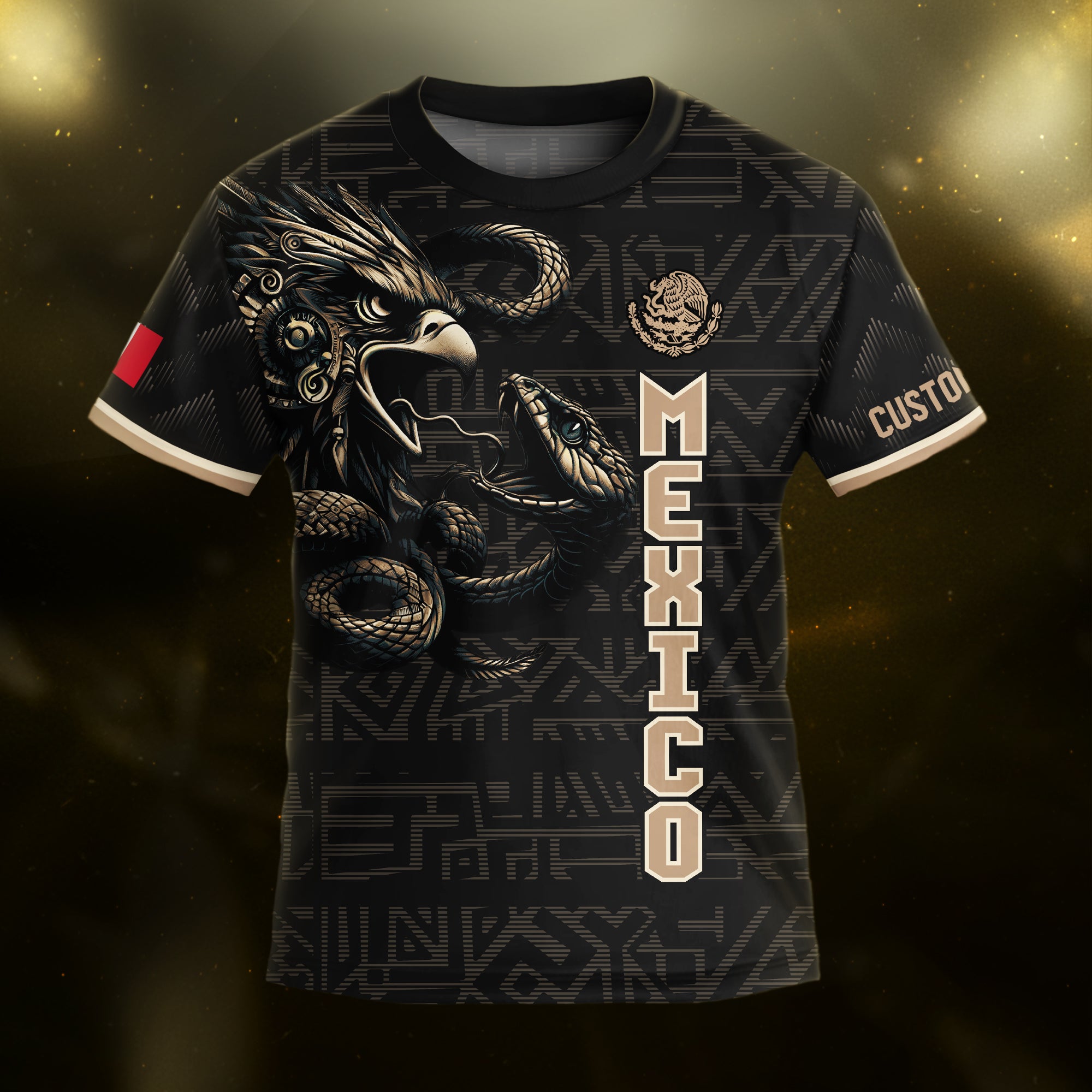 Custom Mexico Kids Soccer Jersey Black Gold Heritage Eagle Snake
