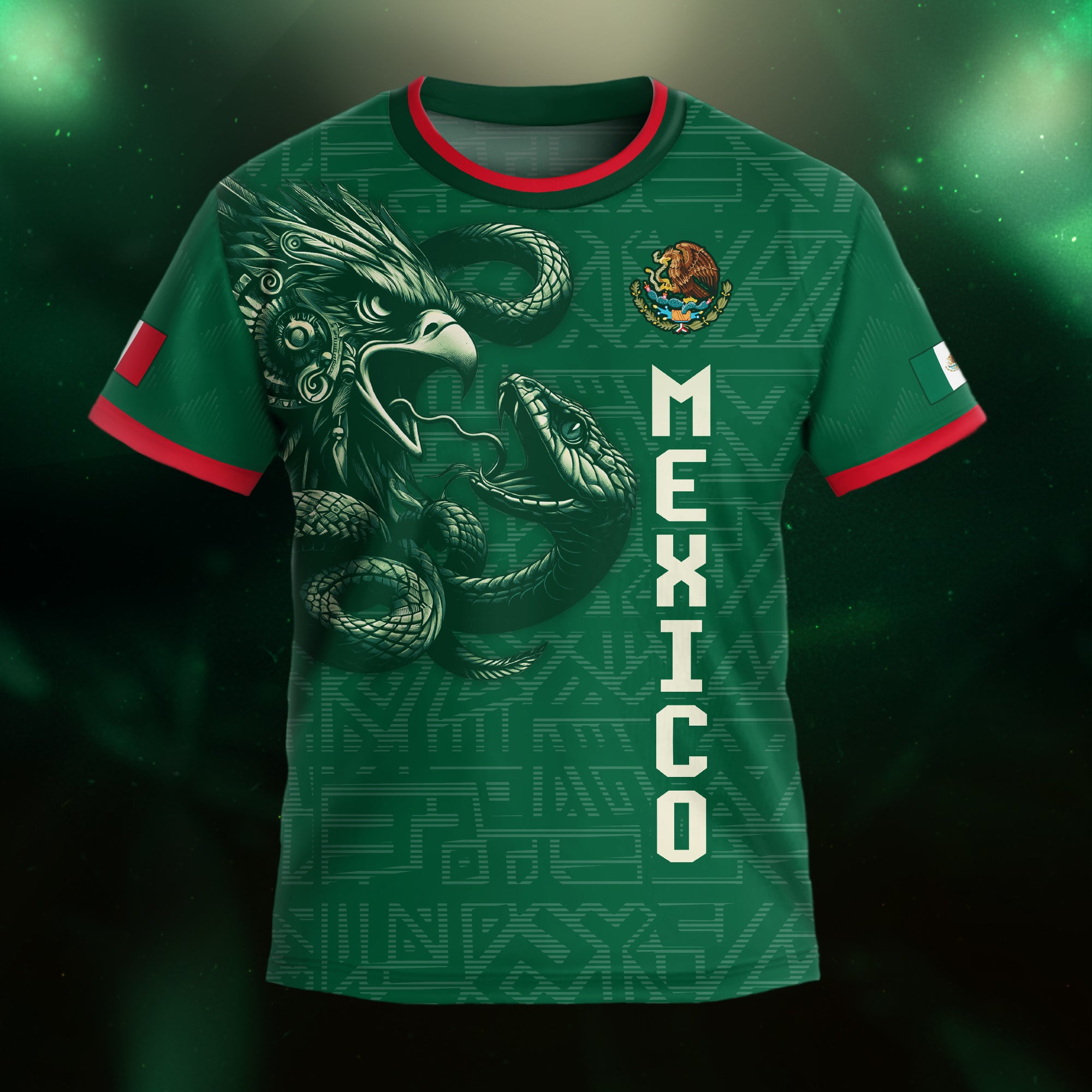 Mexico Kids Soccer Jersey Green Aztec Eagle Serpent Design