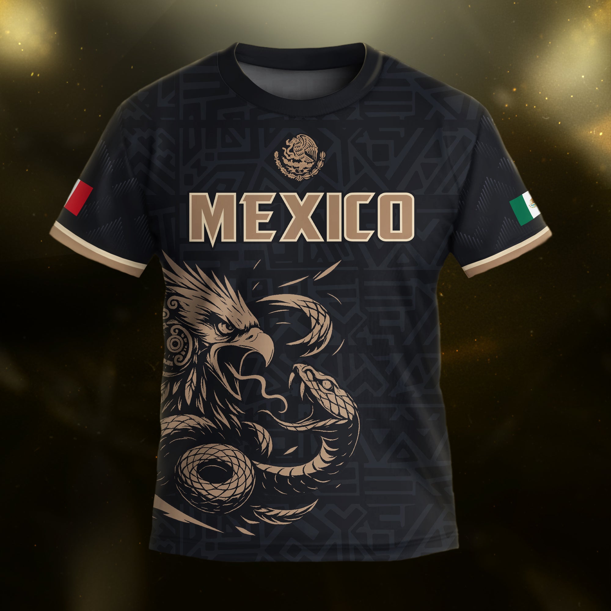 Mexico Kids Soccer Jersey Black Gold Aztec Eagle Serpent Design