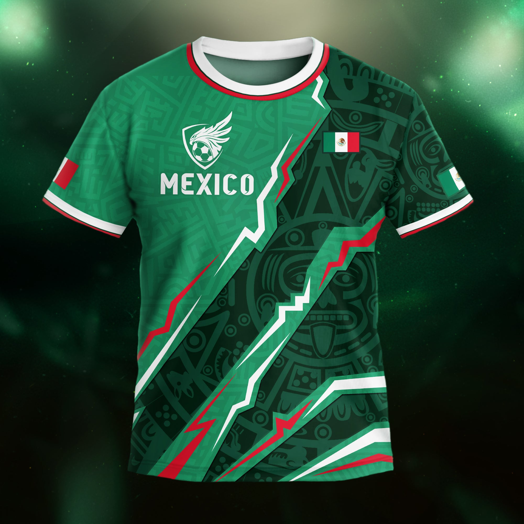 Mexico Kids Soccer Jersey Green Aztec Pattern Crest Design
