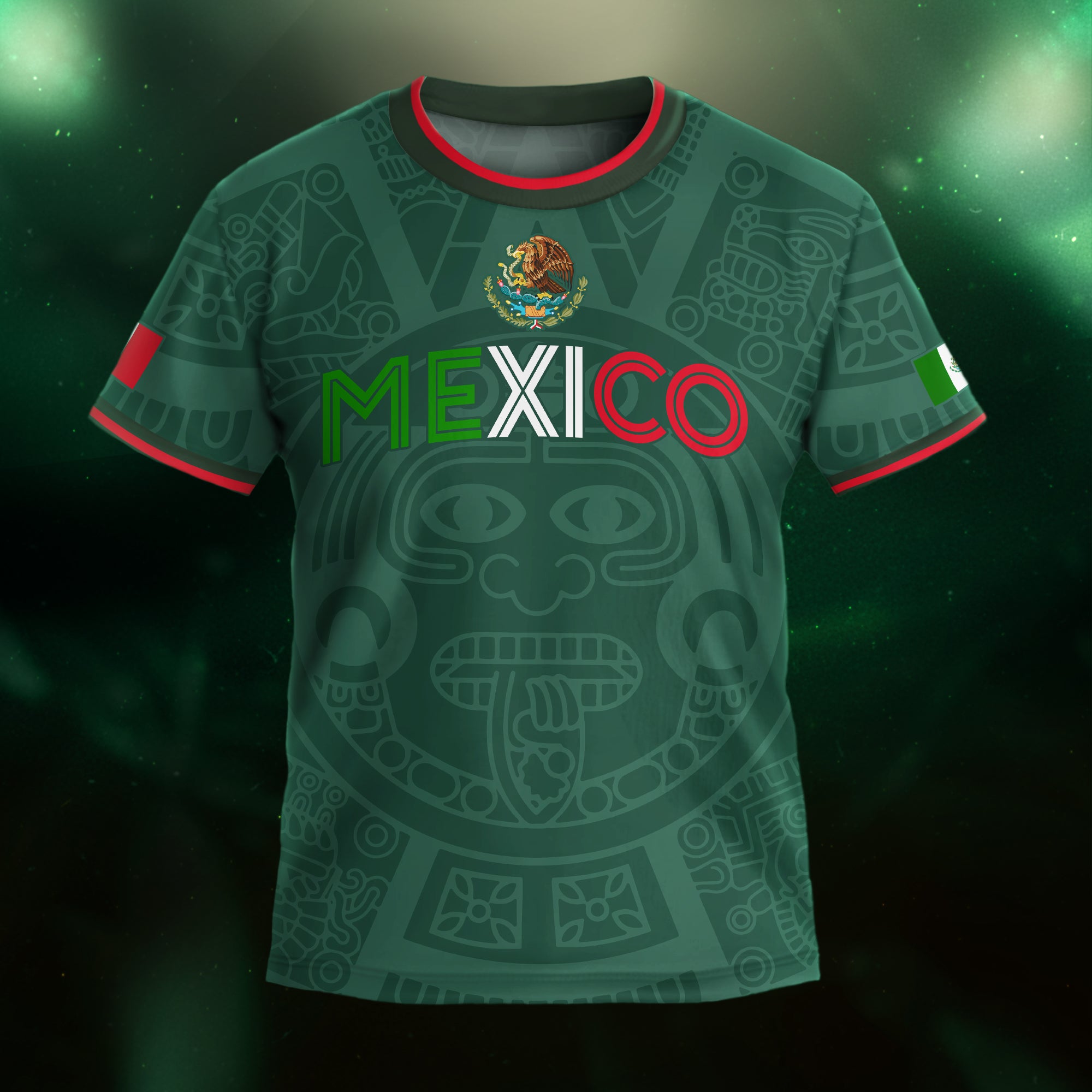 Mexico Kids Soccer Jersey Green Flag Colors Aztec Pattern Design