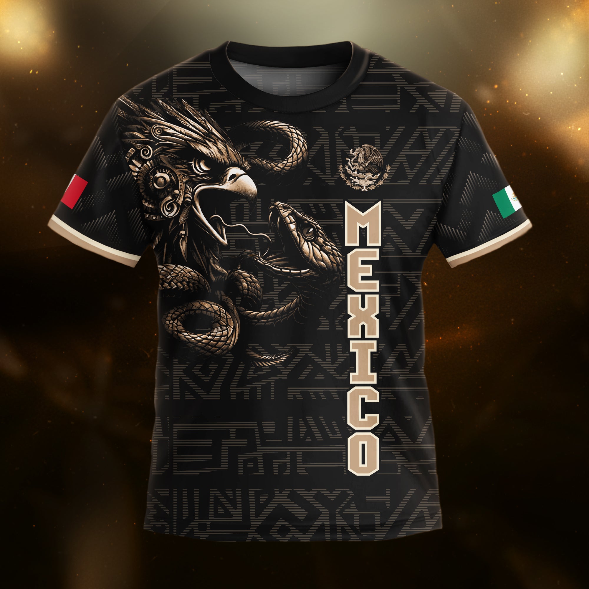 Mexico Kids Soccer Jersey Black Gold Aztec Warrior Eagle Design