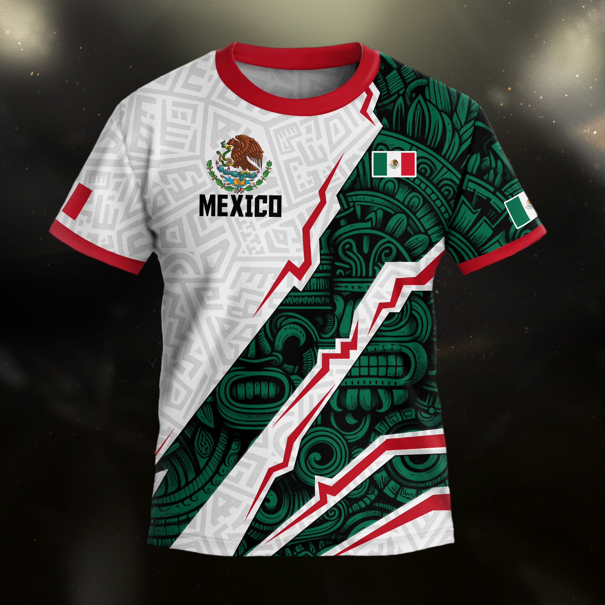 Mexico Kids Soccer Jersey White Green Aztec Pattern Flag Design