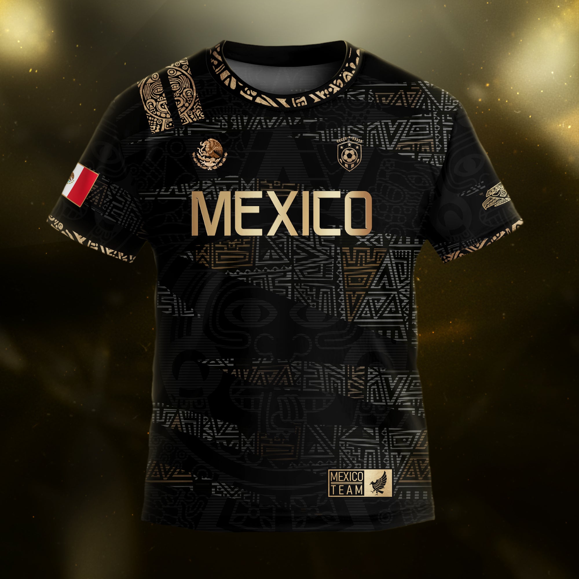 Mexico Kids Soccer Jersey Black Gold Aztec Pattern Crest Design