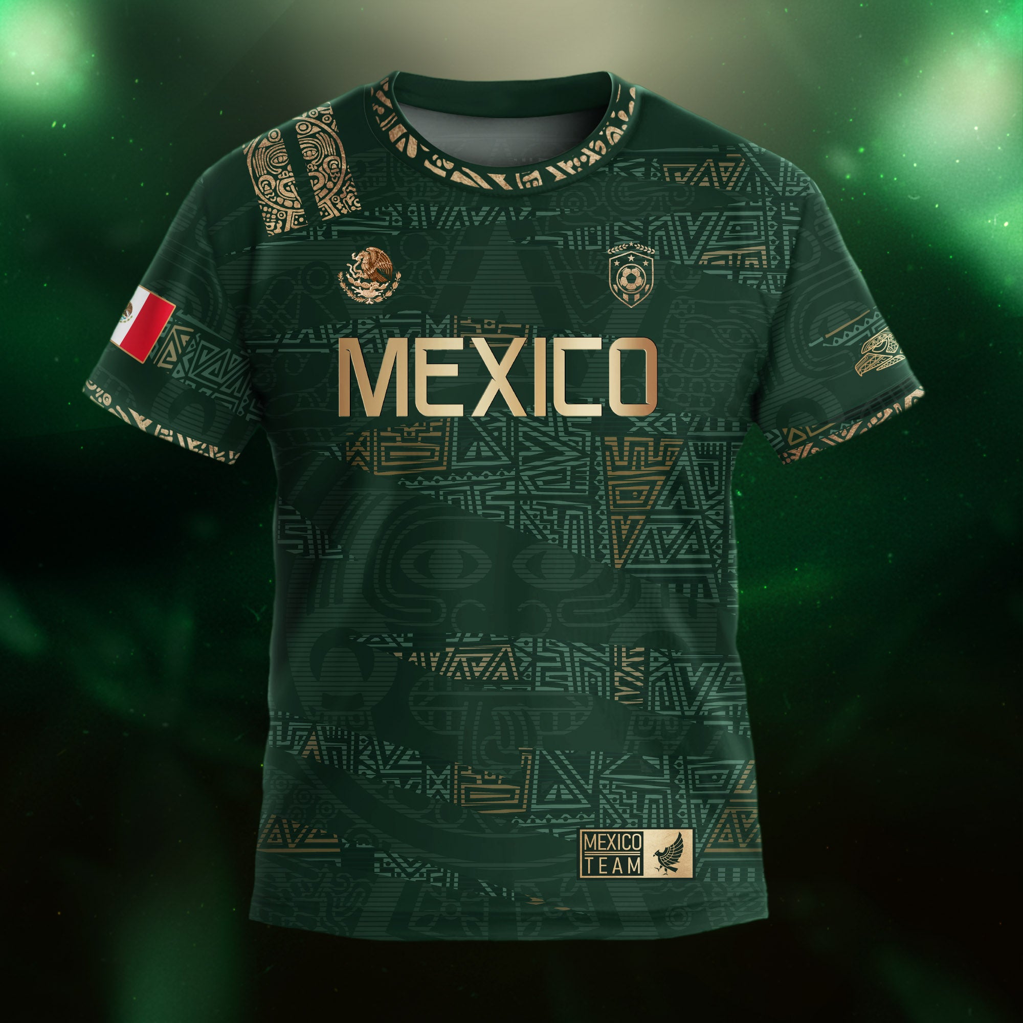 Mexico Kids Soccer Jersey Green Gold Aztec Pattern Crest Design