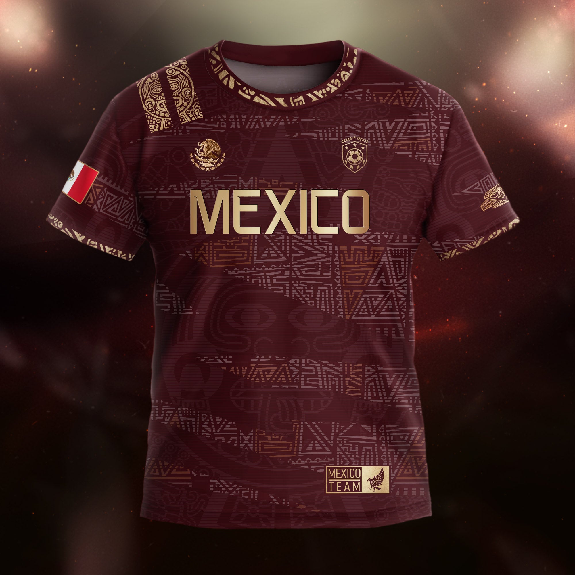 Mexico Kids Soccer Jersey Burgundy Gold Aztec Pattern Crest Design