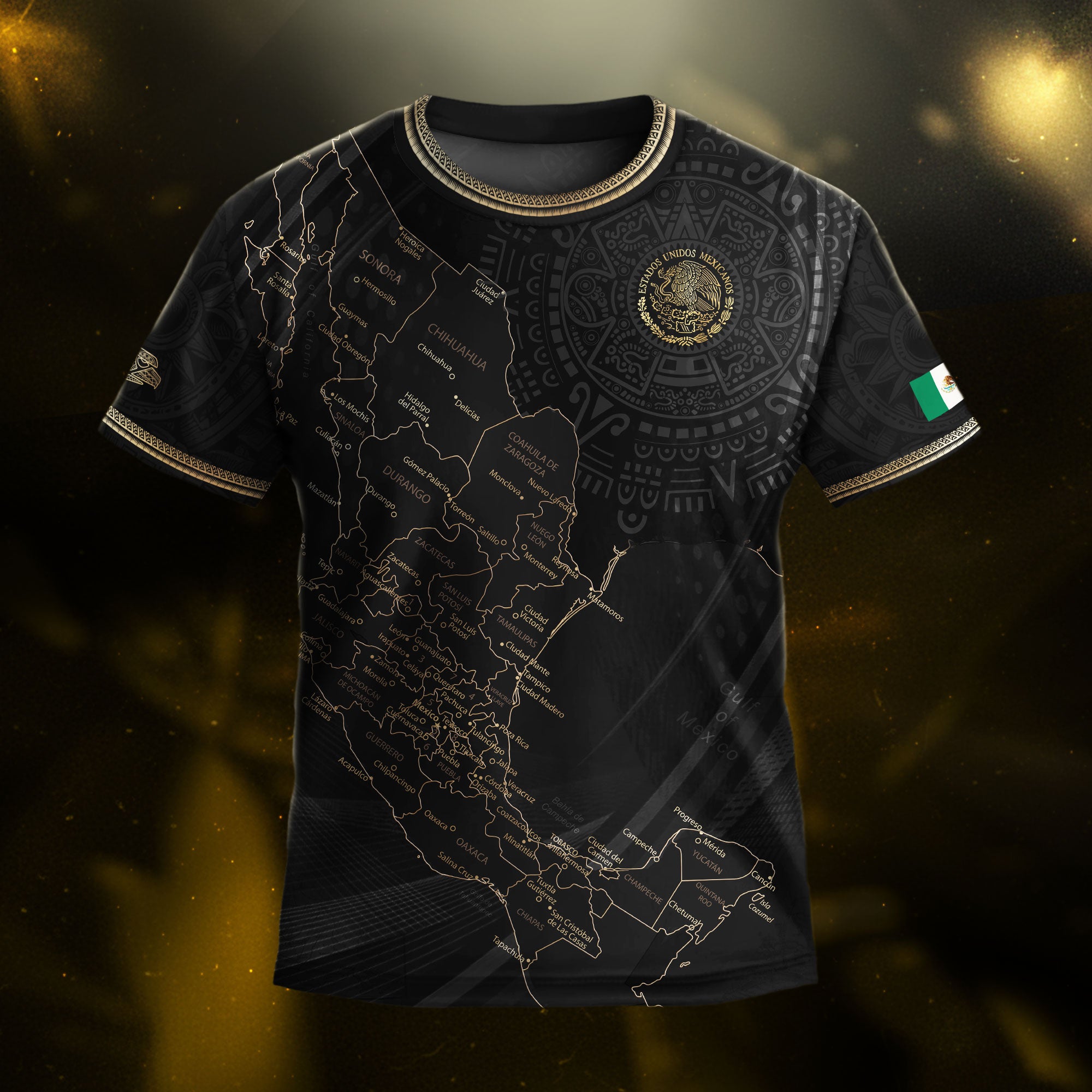 Mexico Kids Soccer Jersey Black Gold Map Aztec Pattern