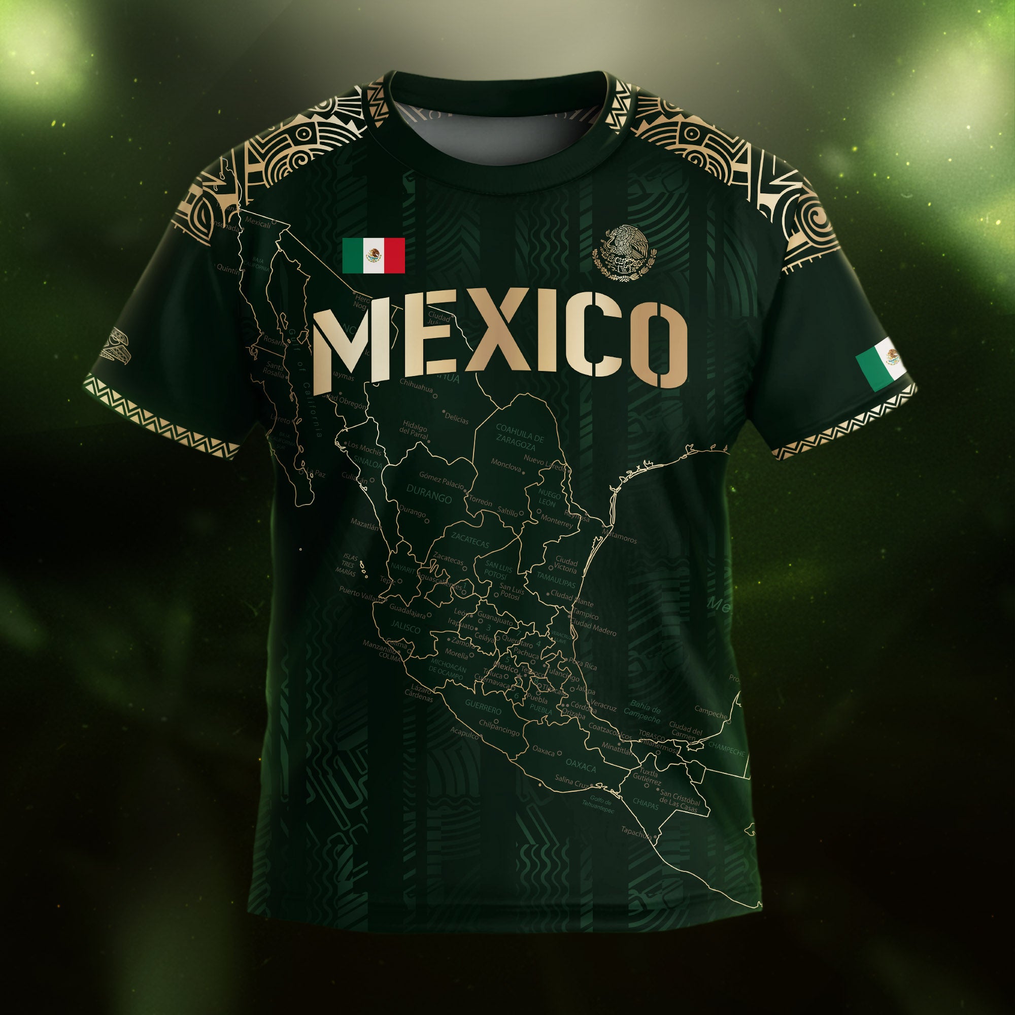 Mexico Kids Soccer Jersey Green Gold Map Aztec Design