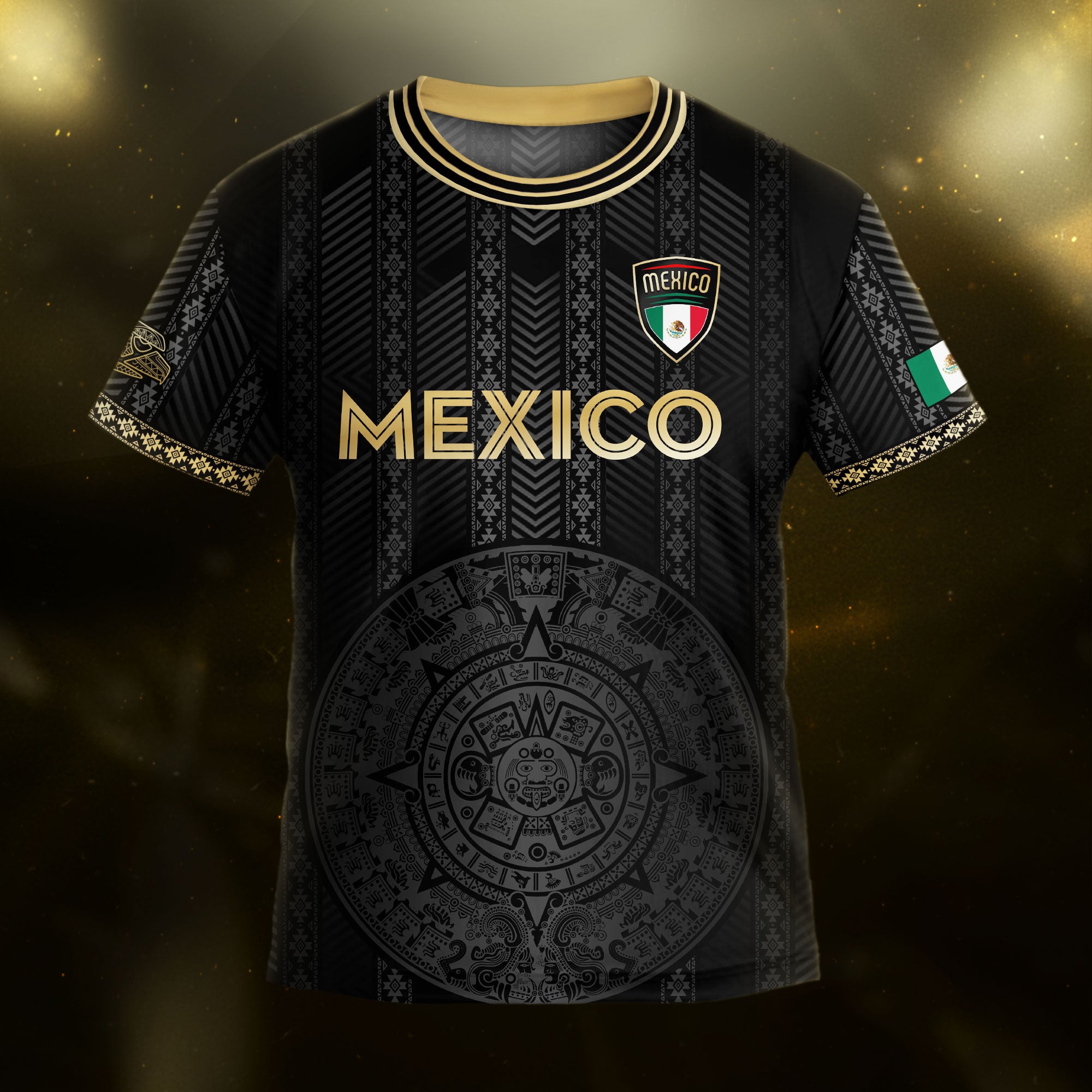 Mexico Kids Soccer Jersey Black Gold Aztec Calendar Design