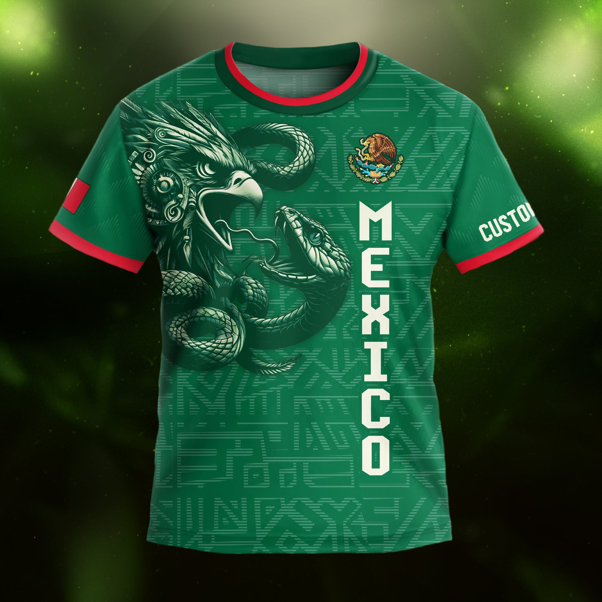 Custom Mexico Kids Soccer Jersey Green Red Aztec Eagle Serpent Design