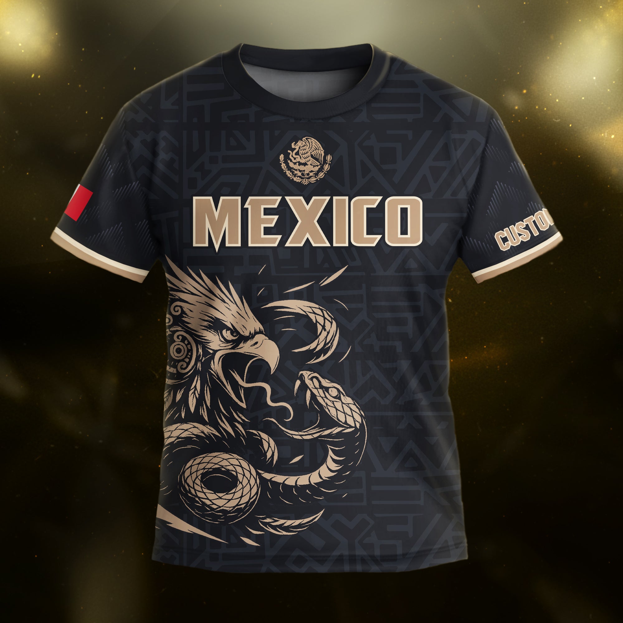 Custom Mexico Kids Soccer Jersey Black Gold Aztec Eagle Serpent Design