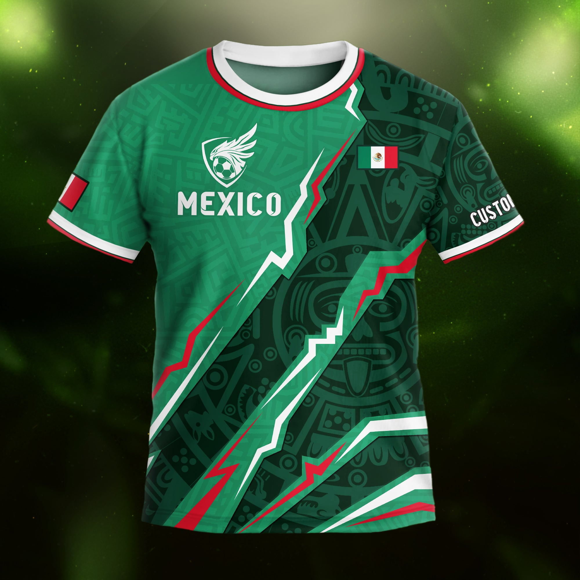 Custom Mexico Kids Soccer Jersey Green Flag Colors Aztec Pattern Design