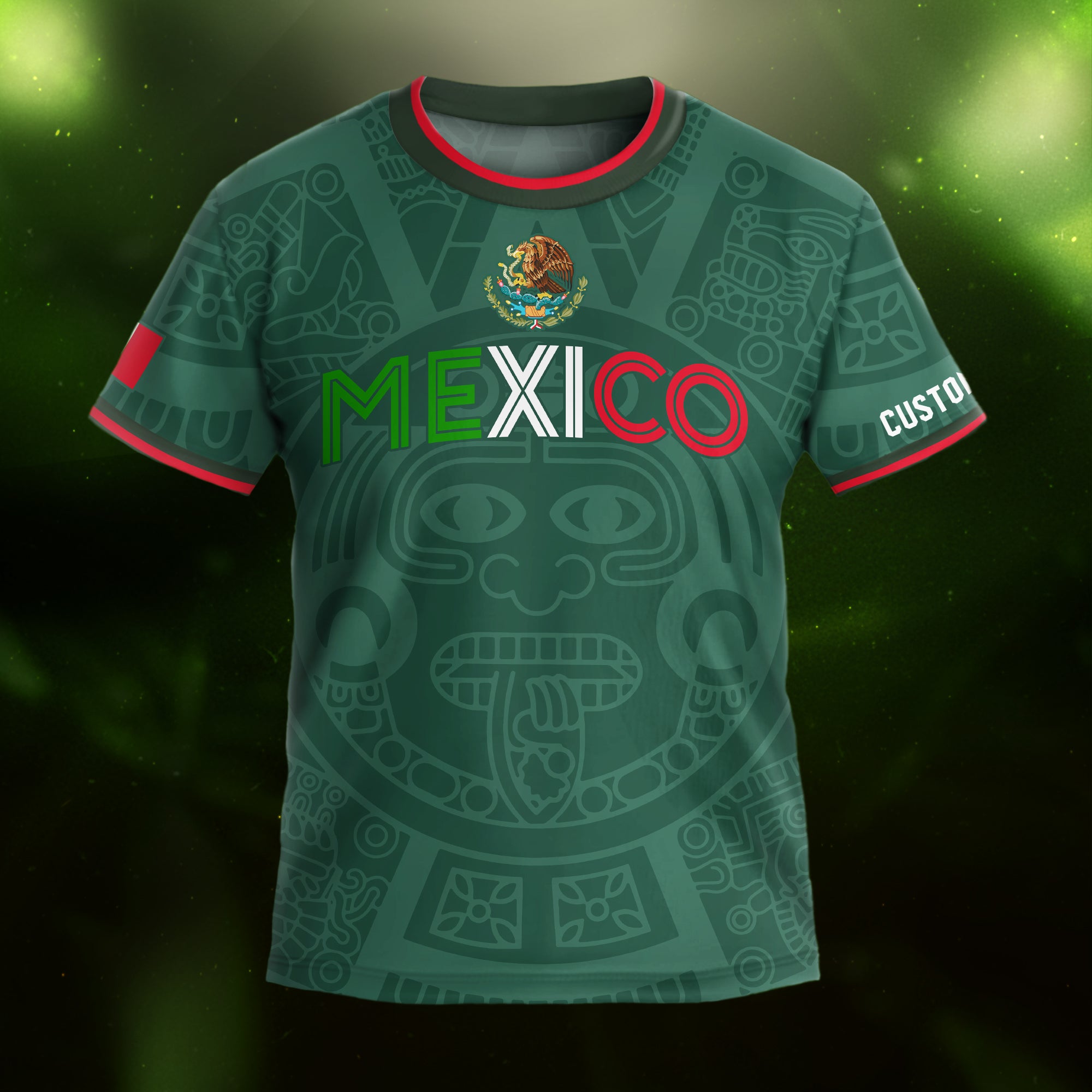 Custom Mexico Kids Soccer Jersey Green Heritage Flag Aztec Pattern Design