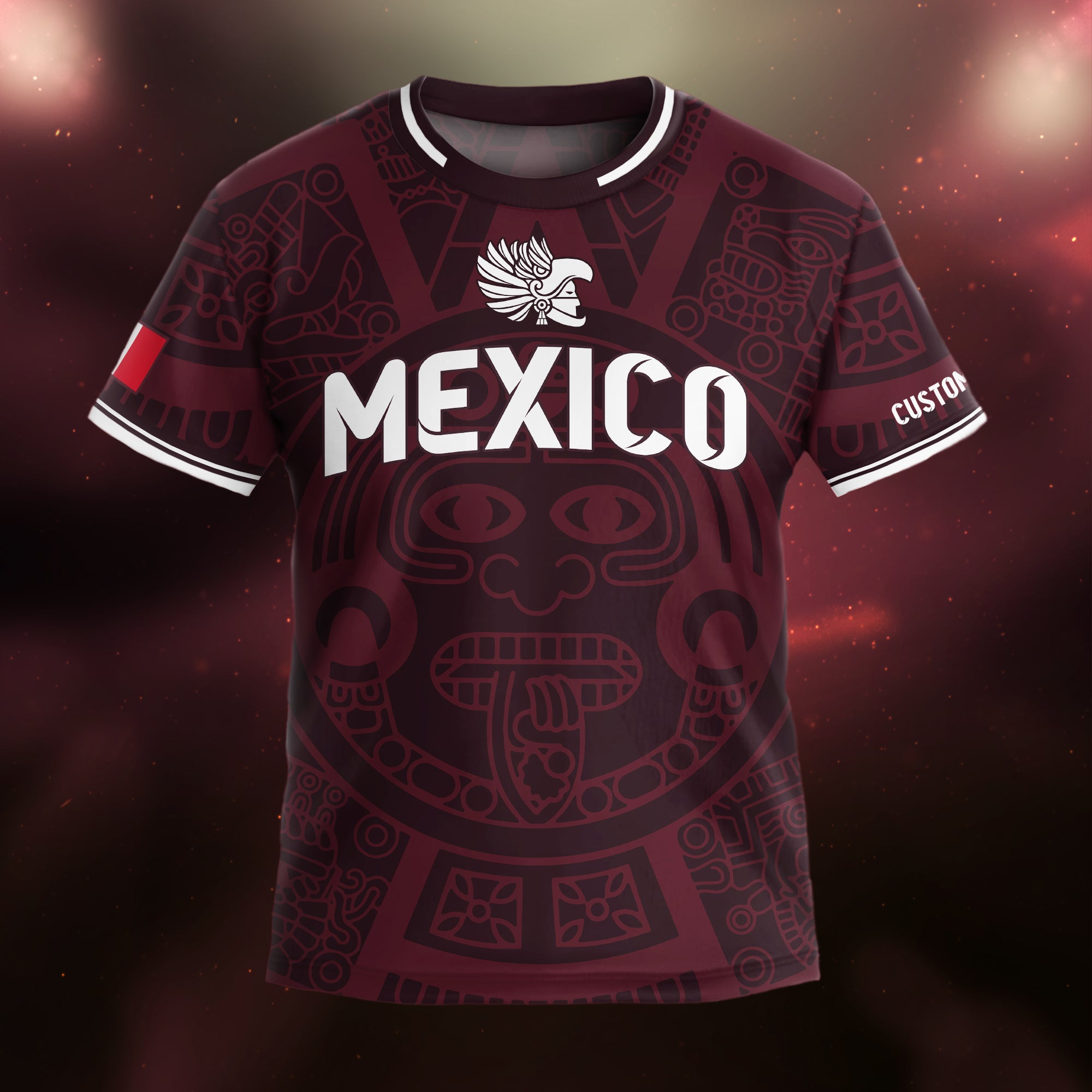 Custom Mexico Kids Soccer Jersey Burgundy Heritage Flag Aztec Pattern Design