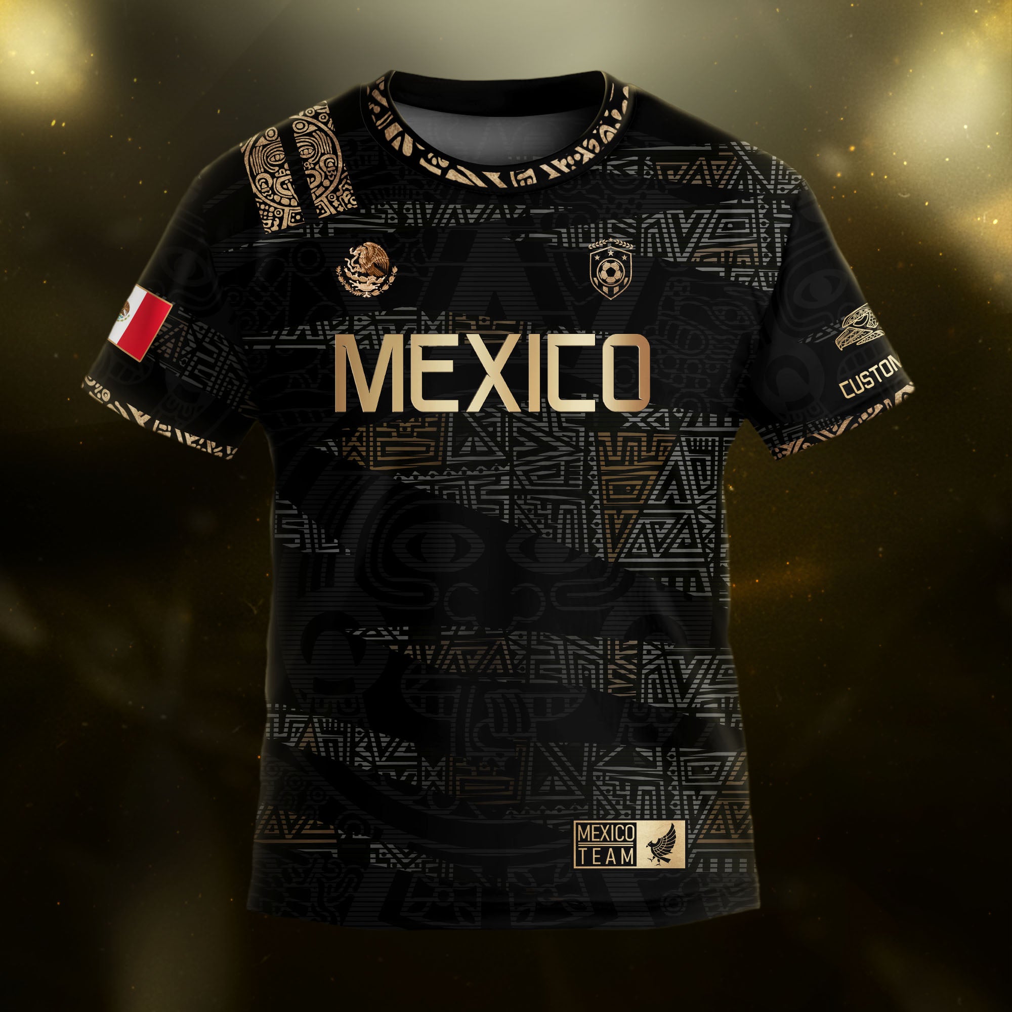 Custom Mexico Kids Soccer Jersey Black Gold Team Edition with Aztec Pattern