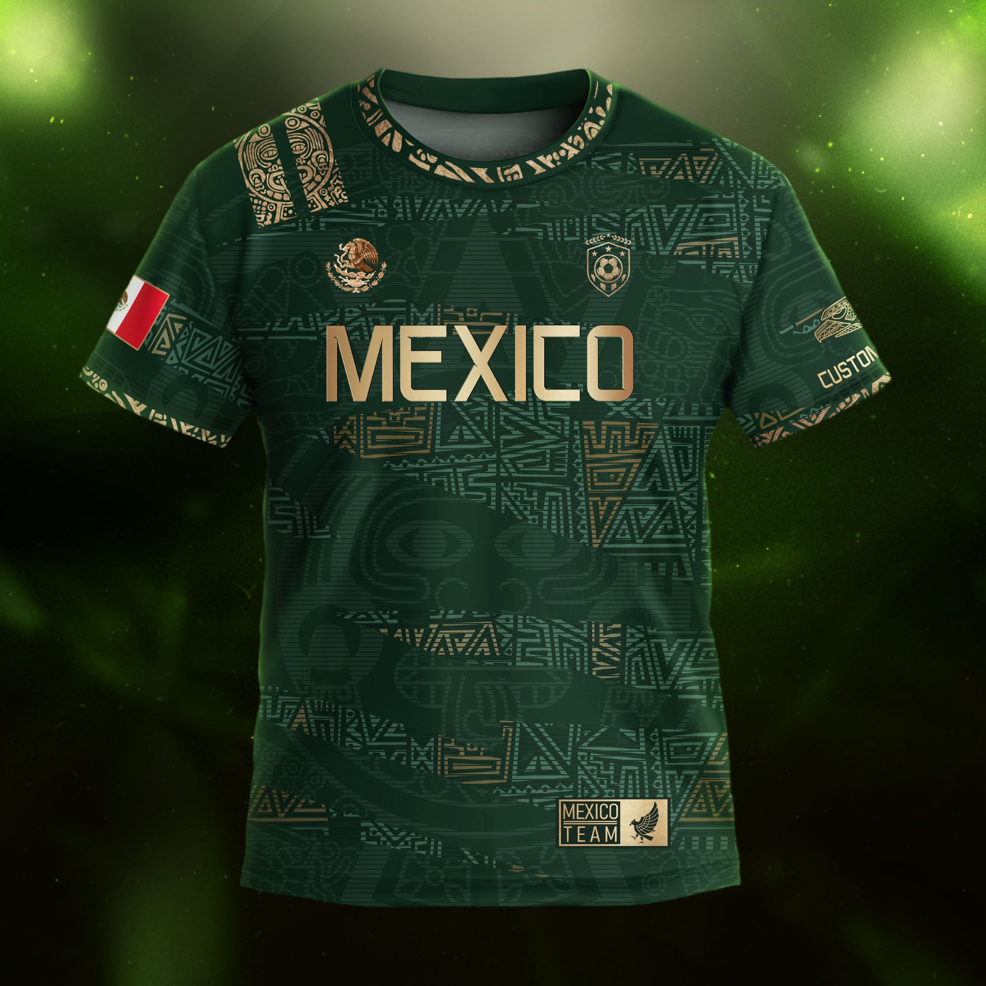 Custom Mexico Kids Soccer Jersey Green Gold Team Edition with Aztec Pattern Design